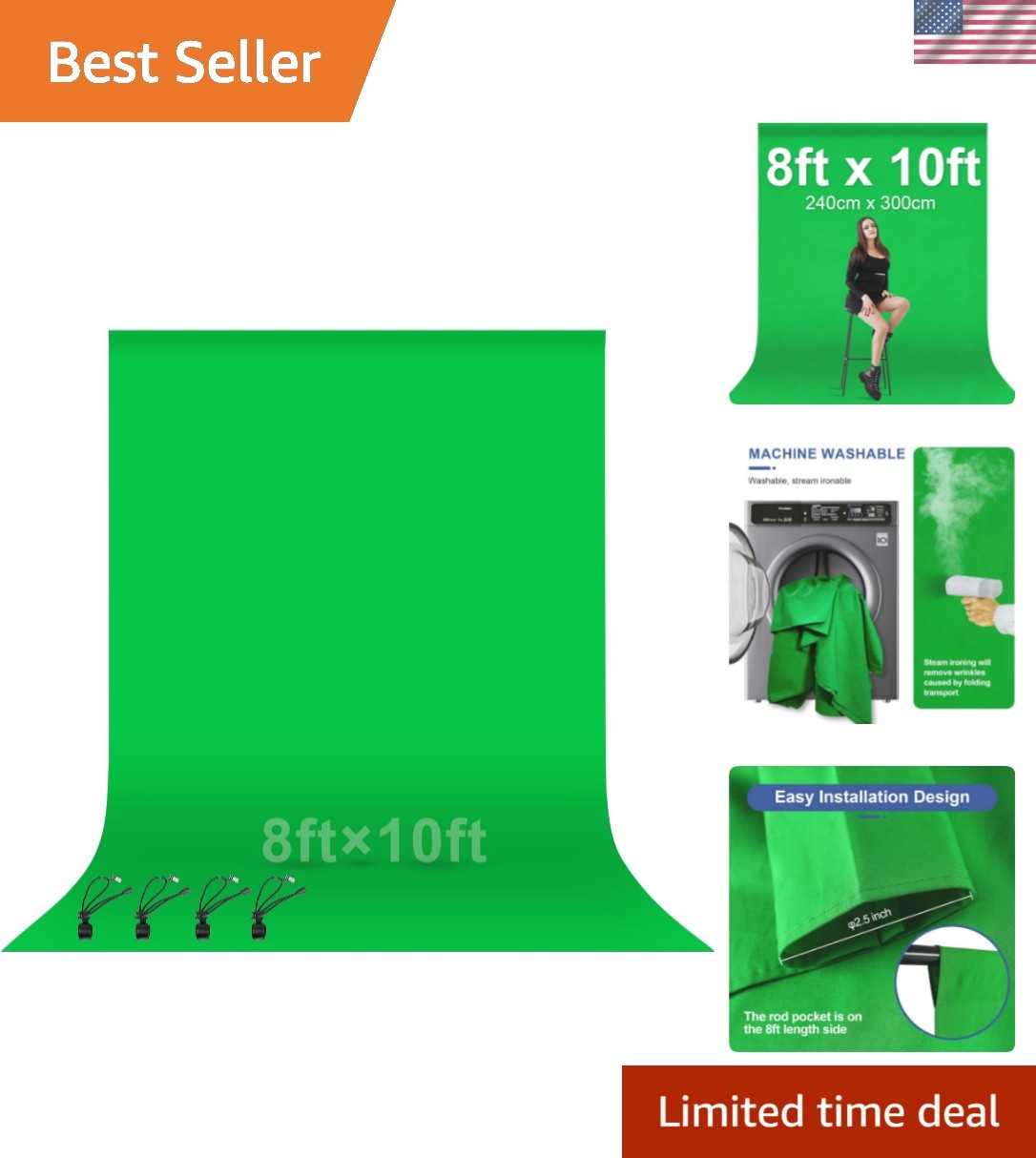 Machine Washable 8 x 10 Ft Green Screen Backdrop for Video Editing & Streaming