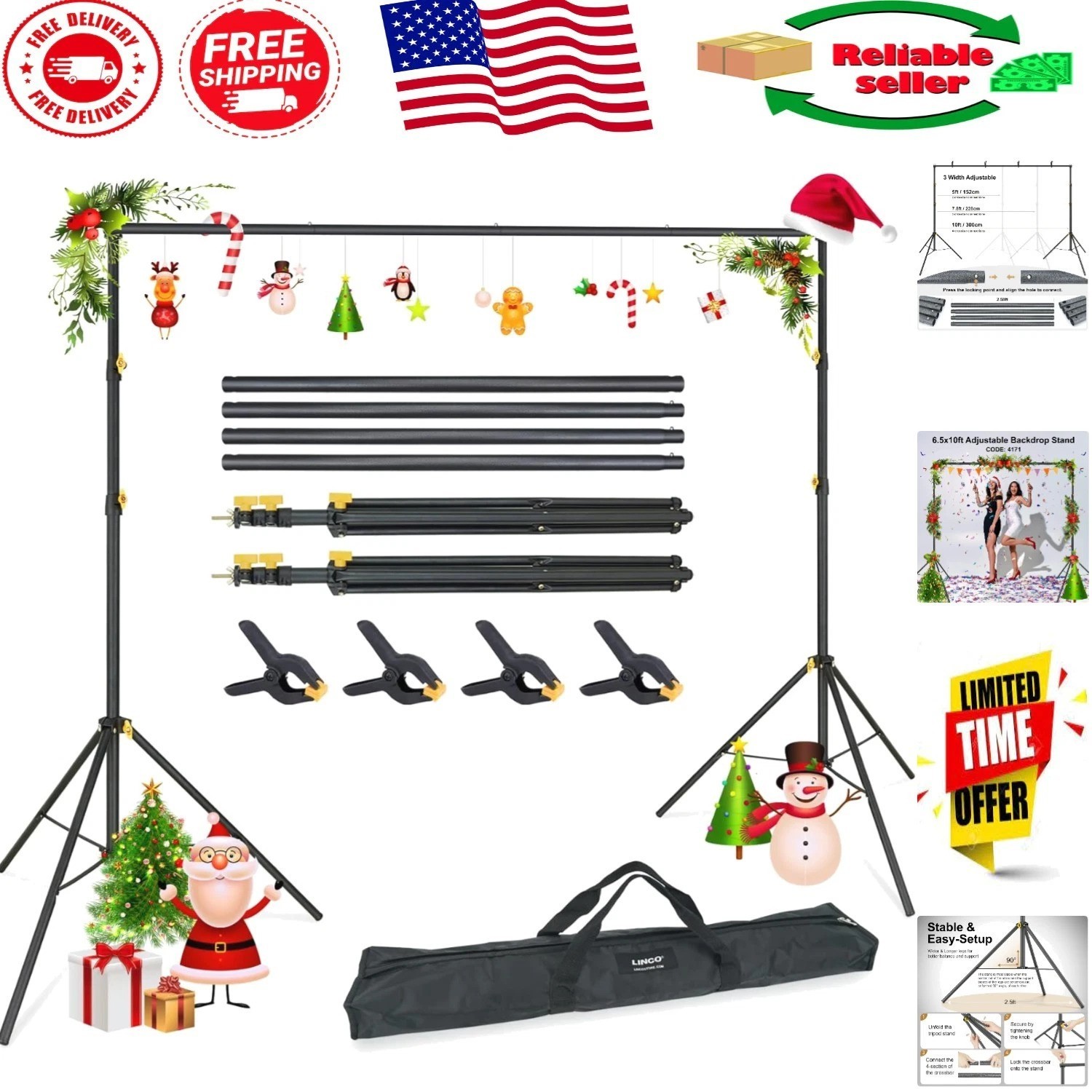 Lightweight 10×6.5ft Backdrop Stand with Crossbar & Carrying Bag for Photography