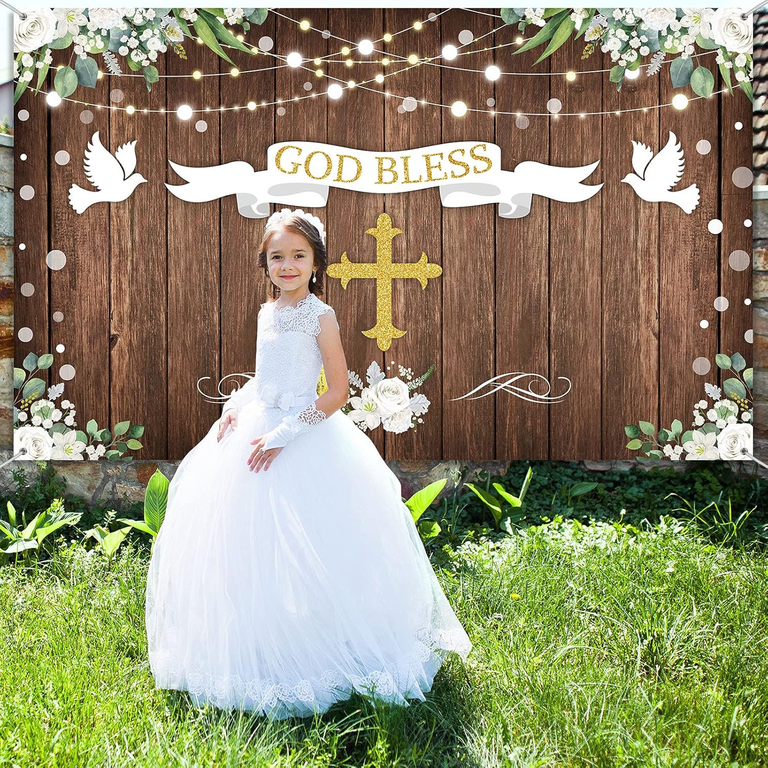 71 x 43 Inch God Bless Baptism Backdrop First Holy Communion Party Decoration…