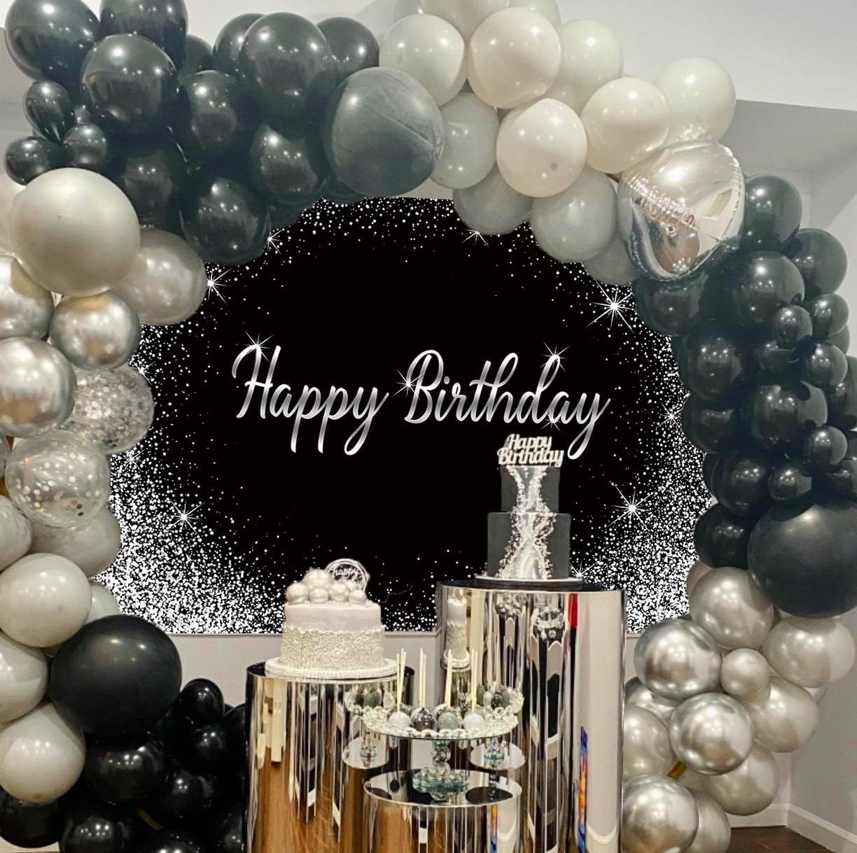 Black Happy Birthday Backdrop Glitter Silver Dot Photography Background