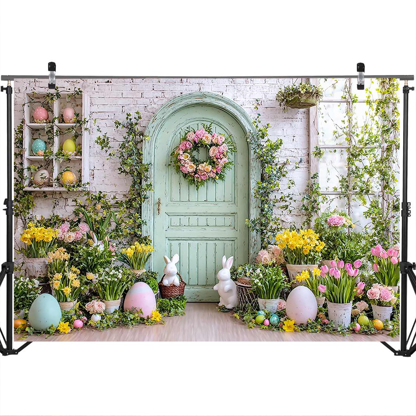 Spring Easter Backdrop 7x5ft – Green Wooden Wall Floral Photography Background D