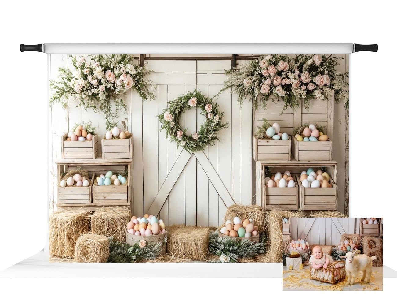 Easter Barn Door Photography Backdrop Spring Floral Party Props 7×5 Ft