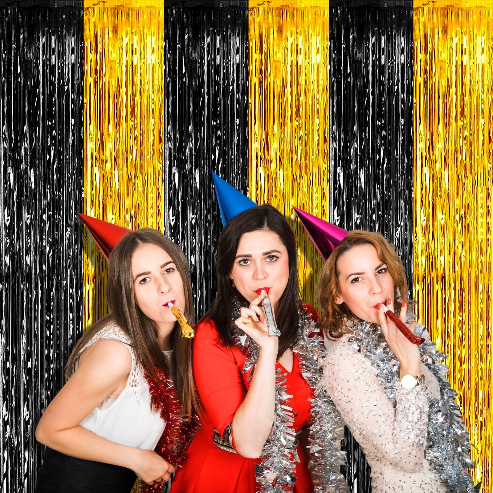 4 PCS 3.2×9.8Ft Black Gold Foil Fringe Curtain Backdrop Metallic Tinsel