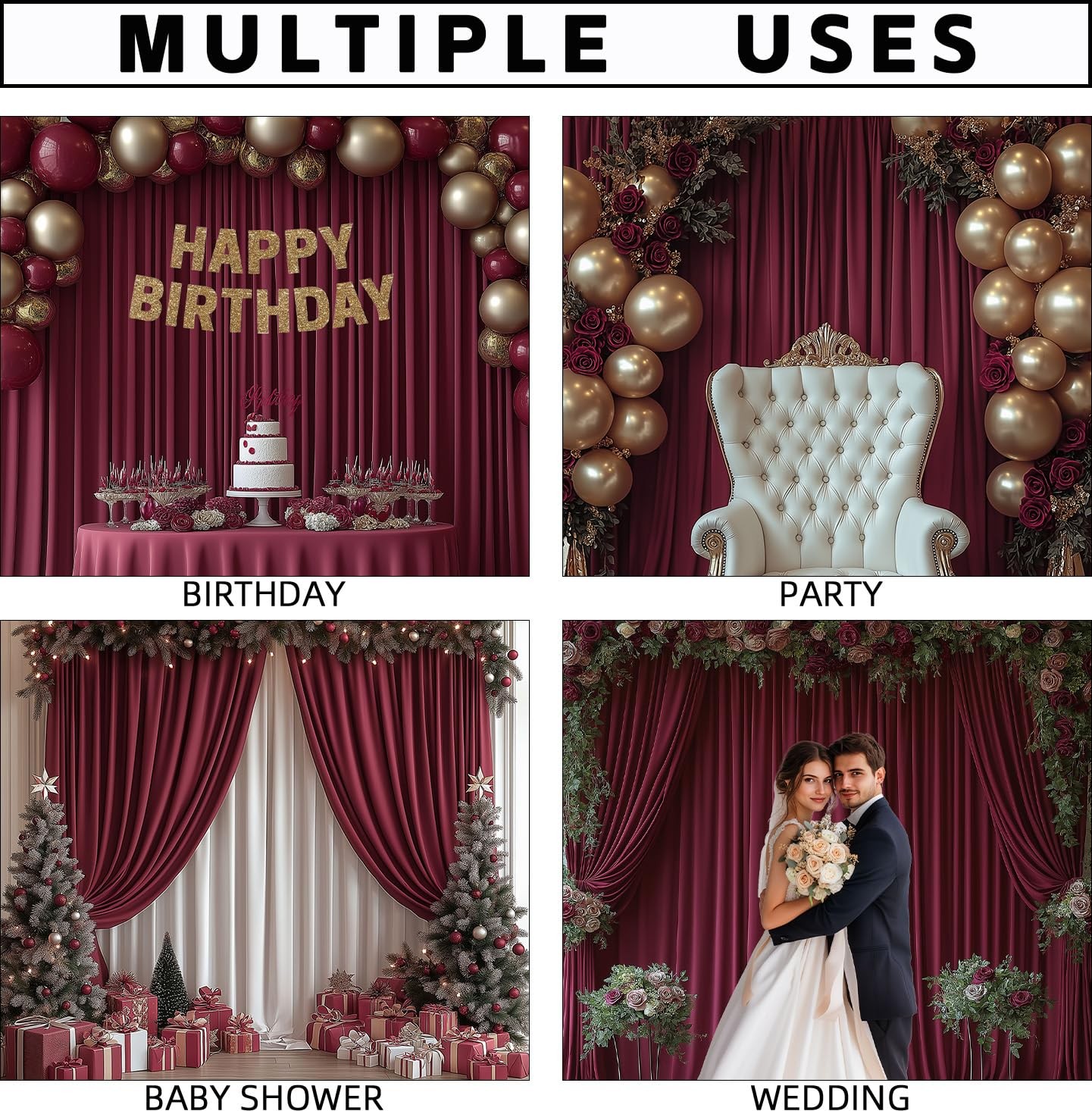 2 Panels 5x10FT Burgundy Backdrop Curtains, 10x10FT Total, Rod Pockets, Fabric