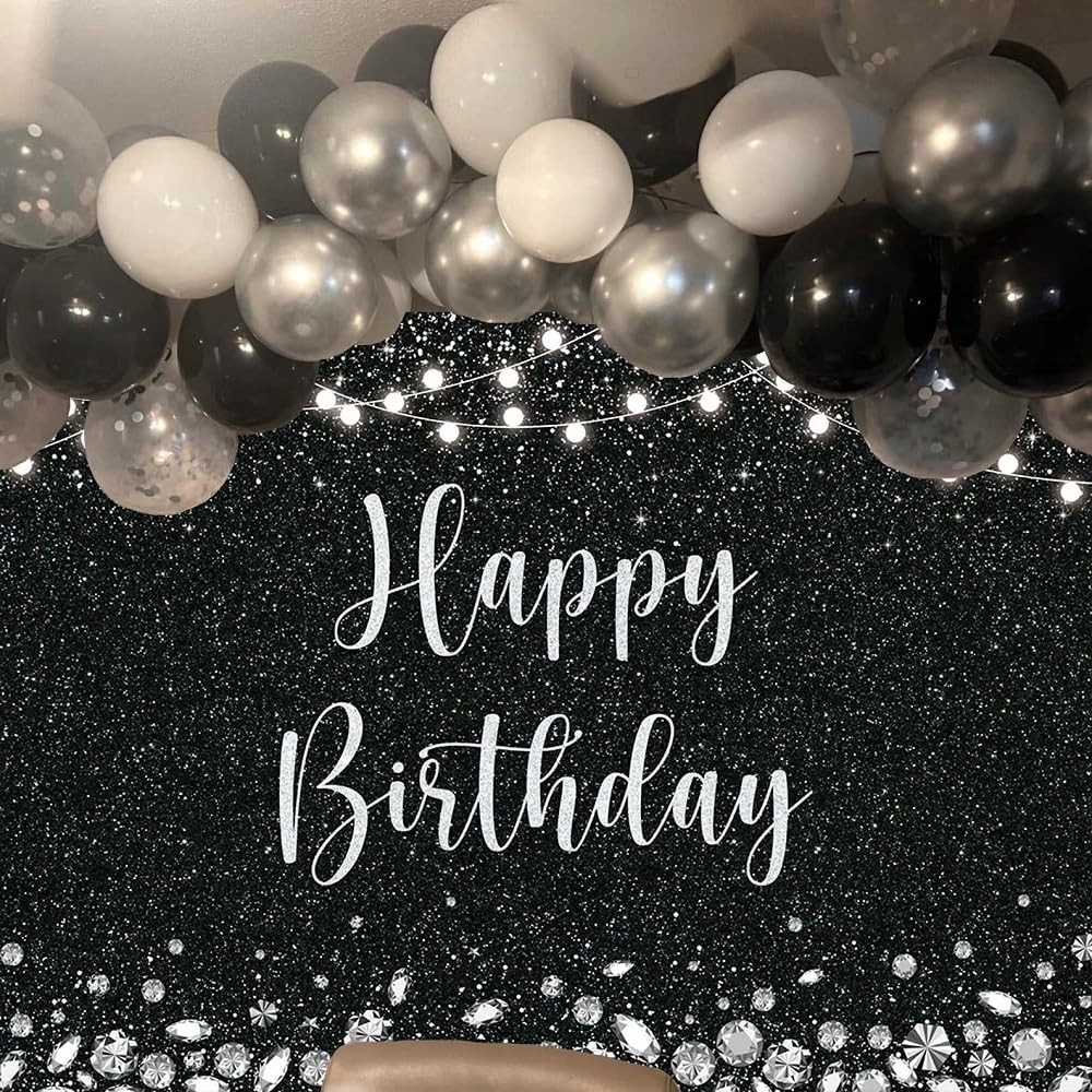 Happy Birthday Backdrop Glitter Silver Dots and Black Photography Background