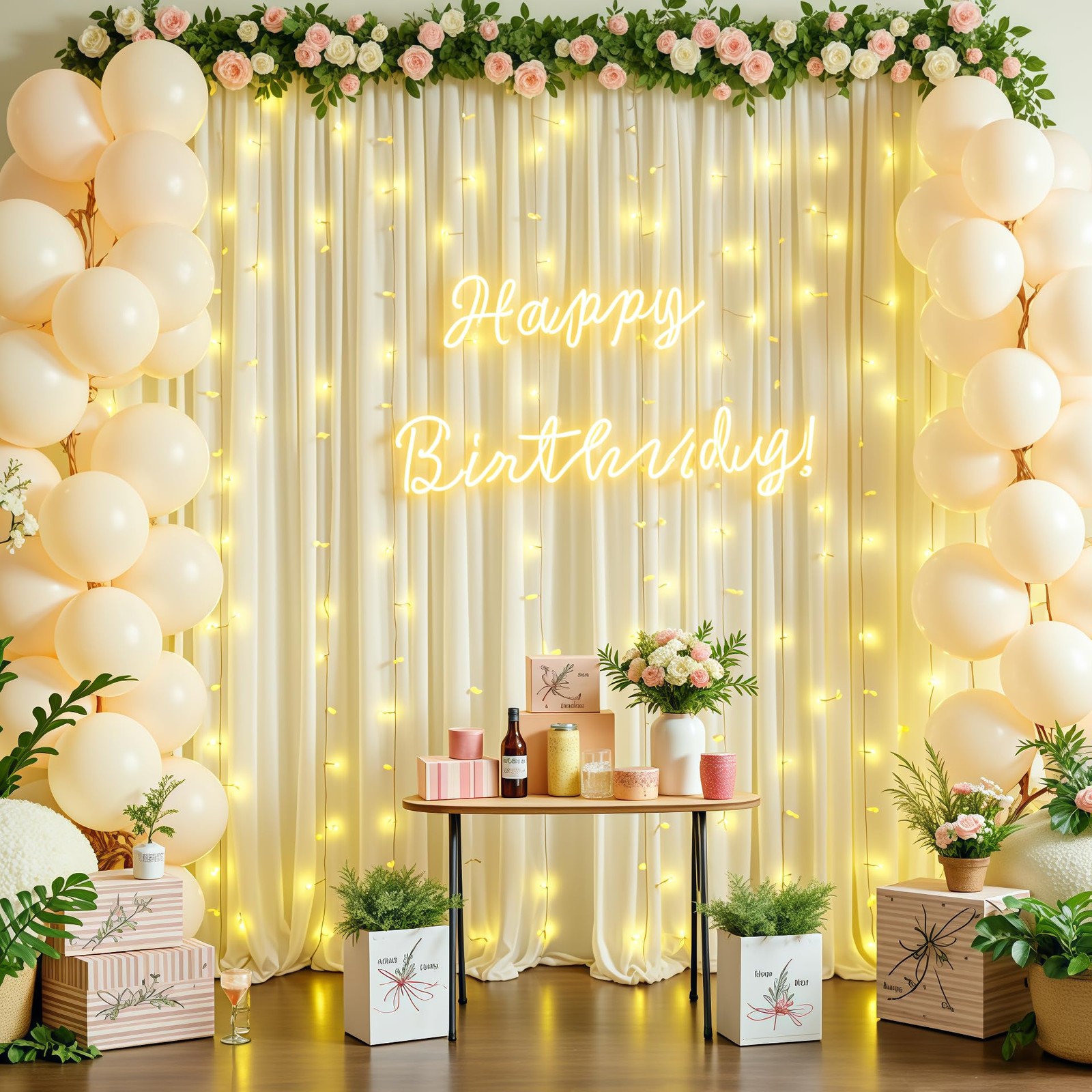 10x10FT Beige Backdrop Curtains Lights String Wrinkle Free Polyester Wedding