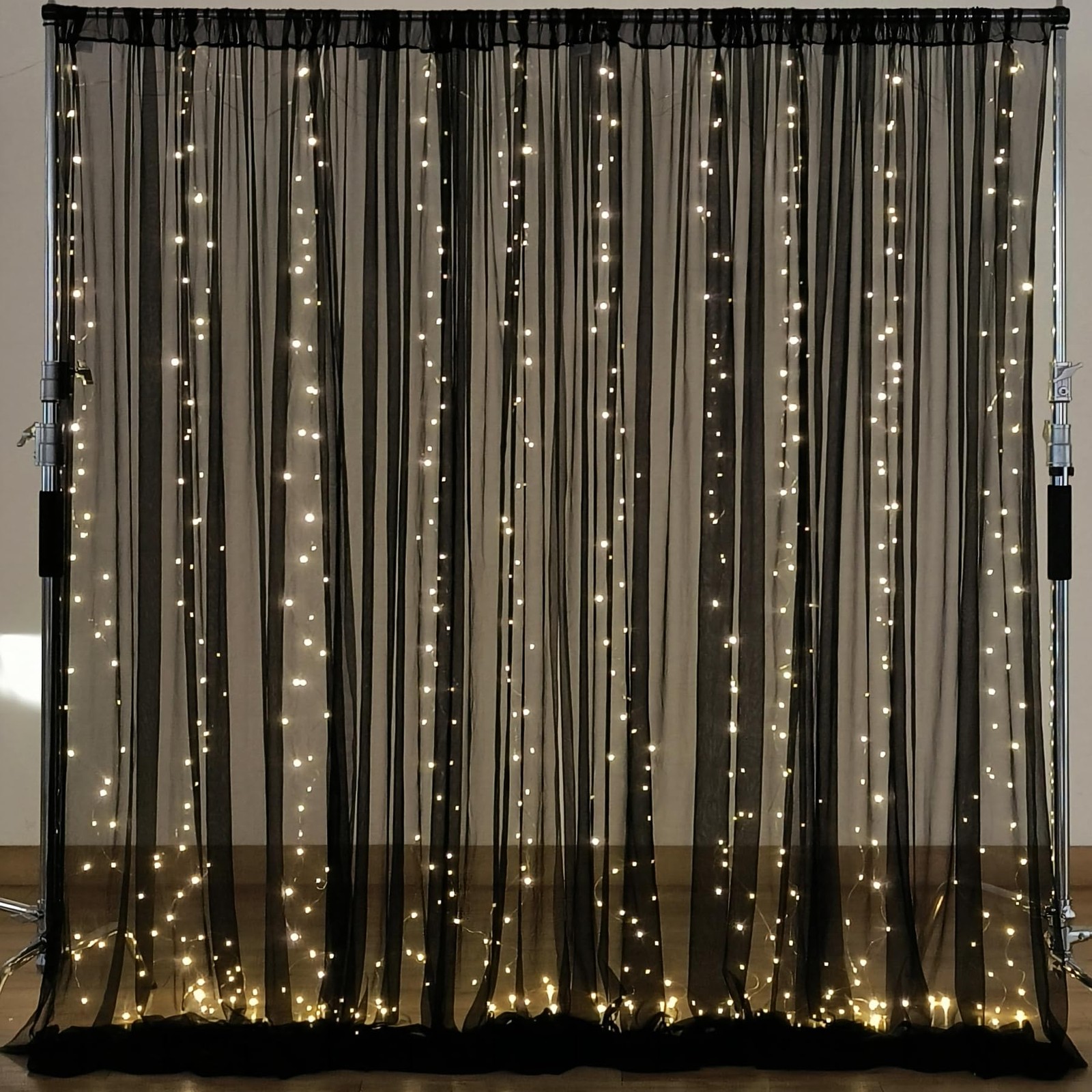 10×10ft Black Tulle Backdrop Curtain with Lights String for Parites, Sheer Ph…