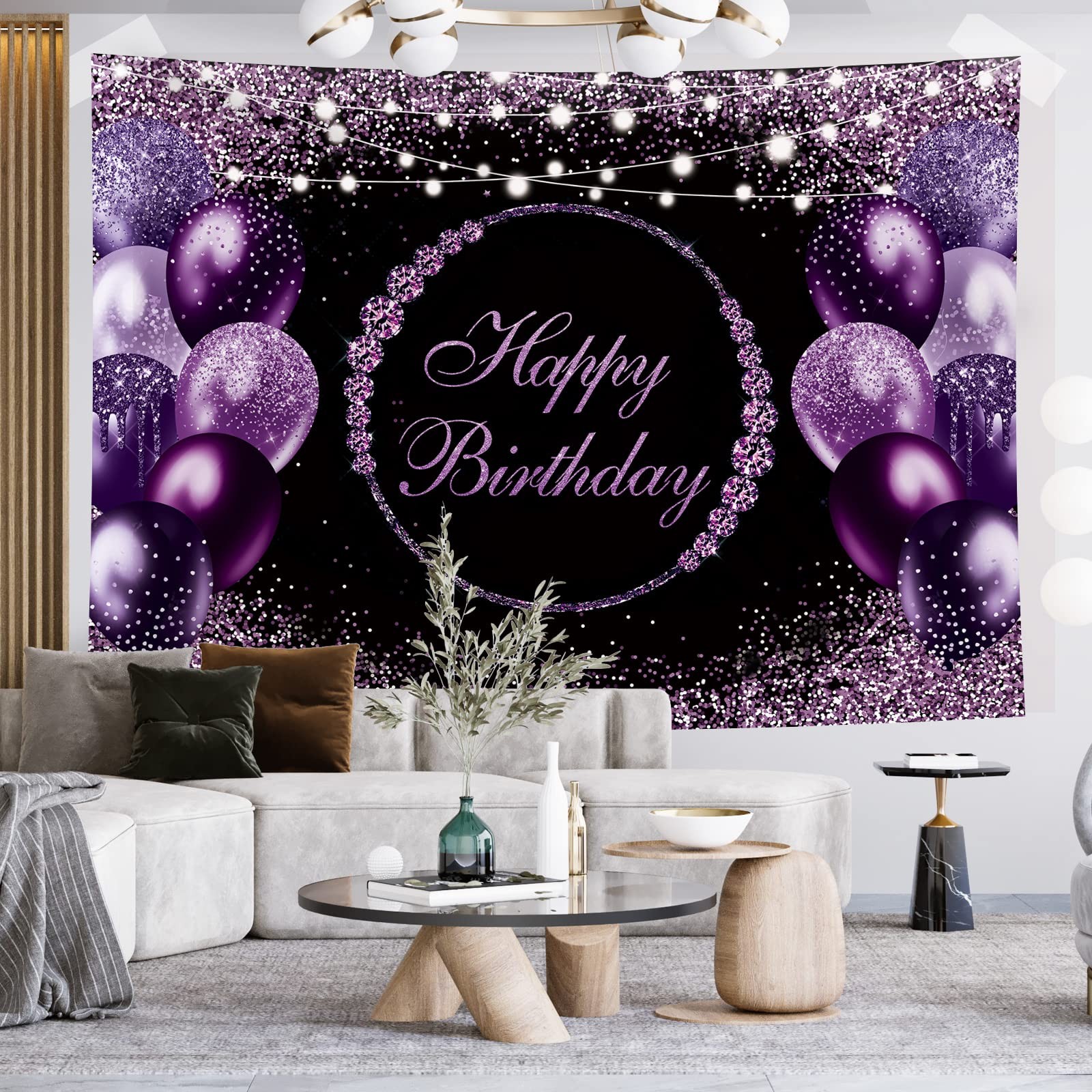 7x5Ft Purple Black Silver Happy Birthday Party Backdrop Photography Background