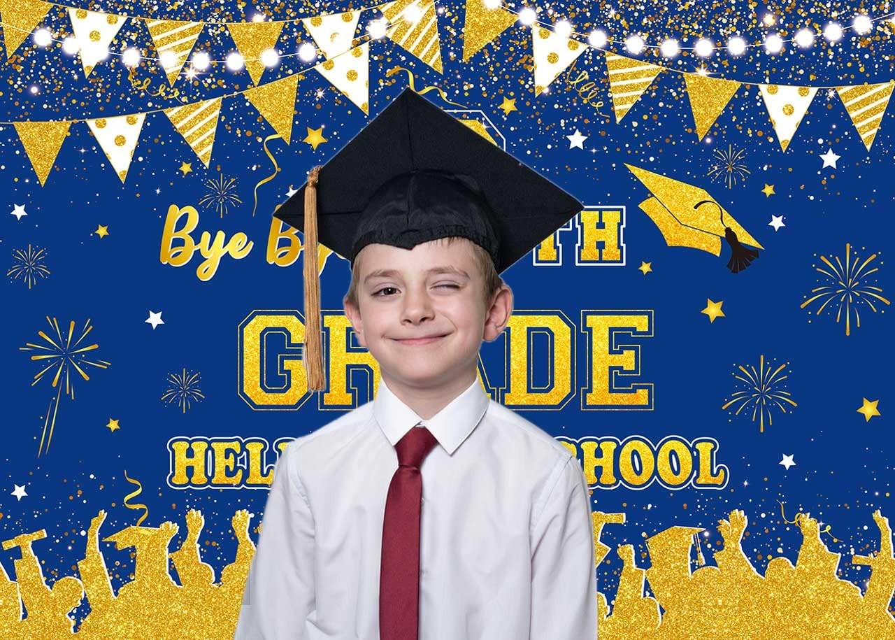 8×6 FT Bye Bye 8th Grade High School Backdrop Blue Gold Class Of 2025