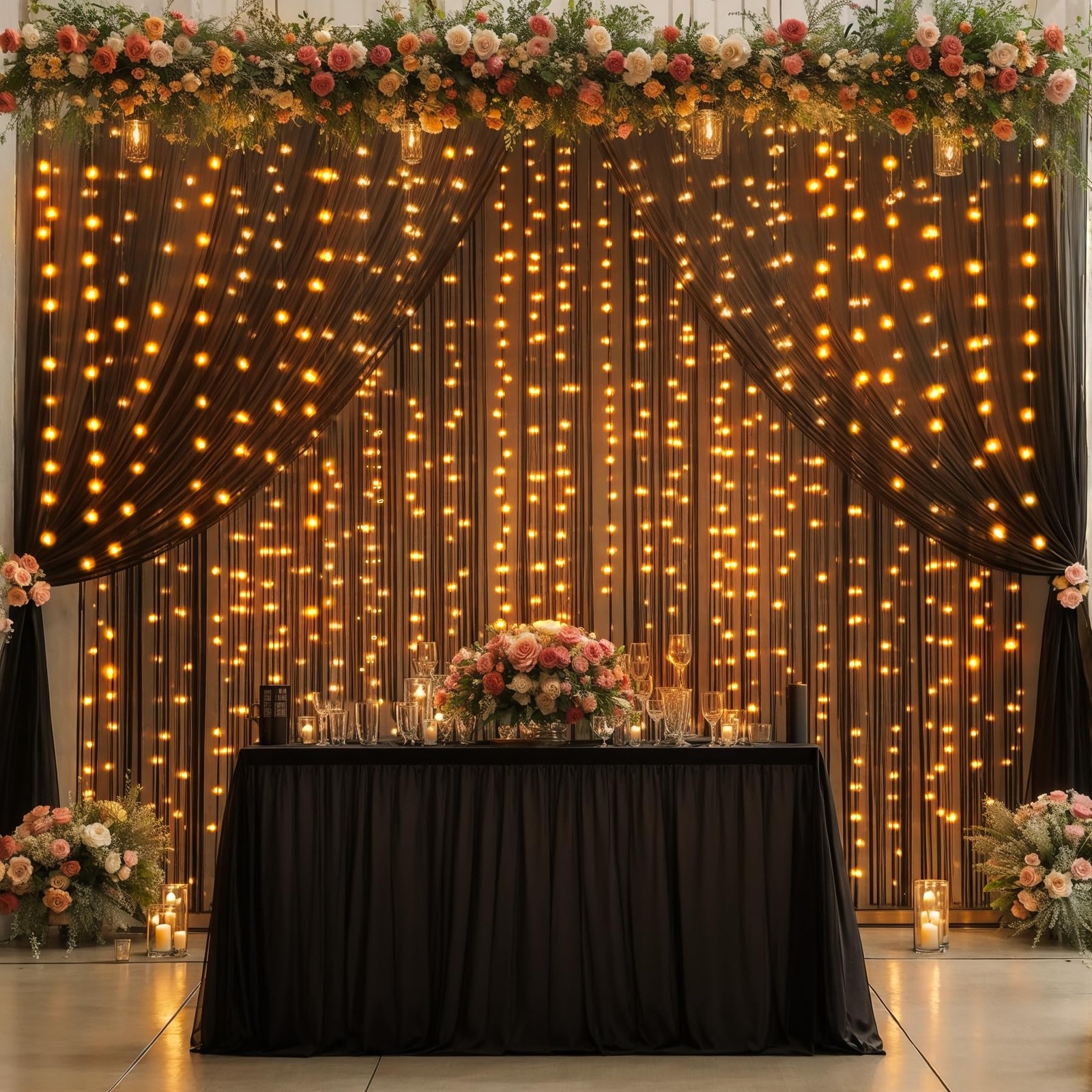 Black Backdrop Curtains 10x10ft Wrinkle Free With Light String Background