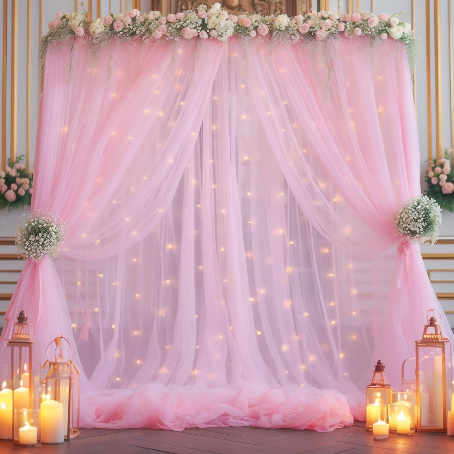 10X10Ft Pink Tulle Backdrop Curtain with Lights String for Parites, Sheer Backdr