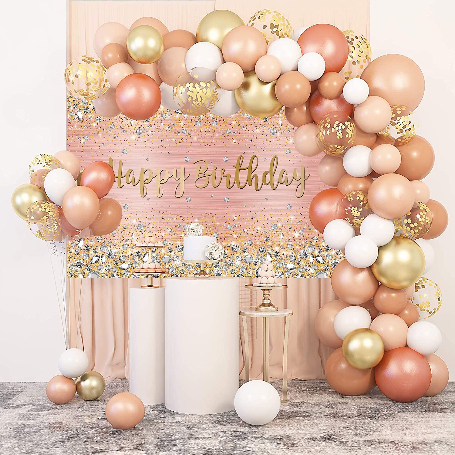 Happy Birthday Backdrop Pink and Rose Gold Dot Glitter Sparkle Party Decorations