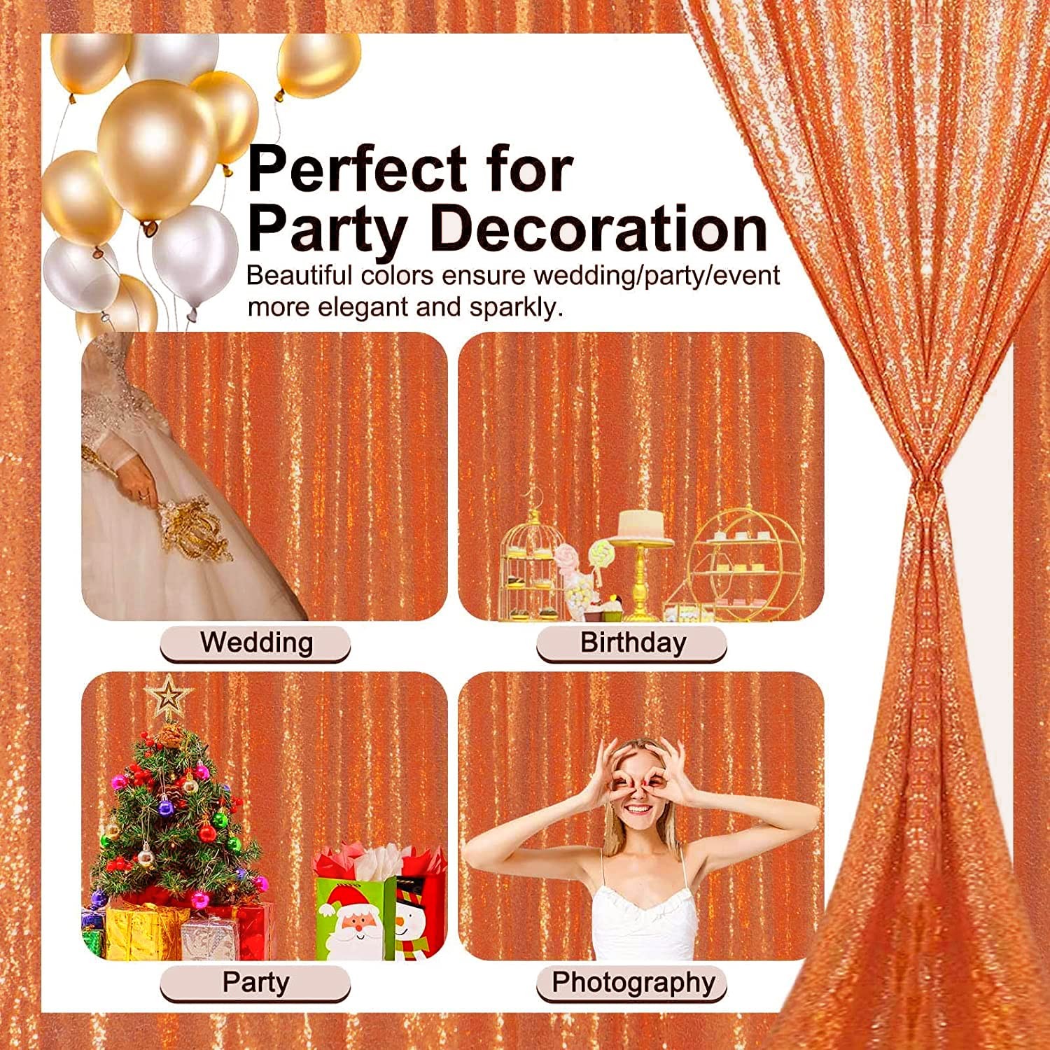Orange Sequin Backdrop Curtains 2 Panels 2x8FT Glitter Photography Drapes