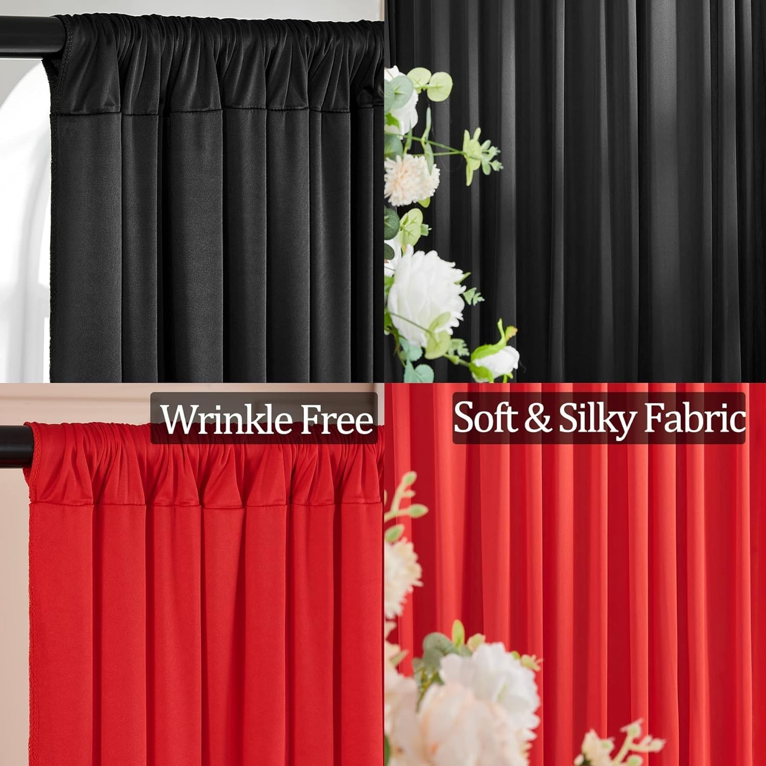 10x10ft Black Backdrop Curtains and Red Backdrop Curtains Panels, Black and R…
