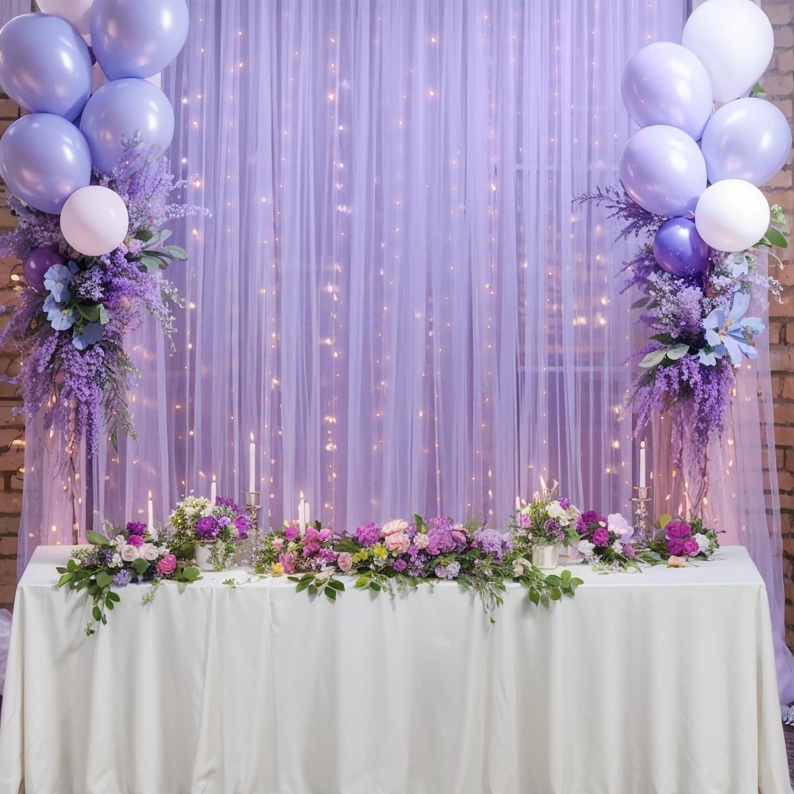 10ft x 8ft Purple Backdrop Curtain with Lights String for Parties, Sheer Tull…