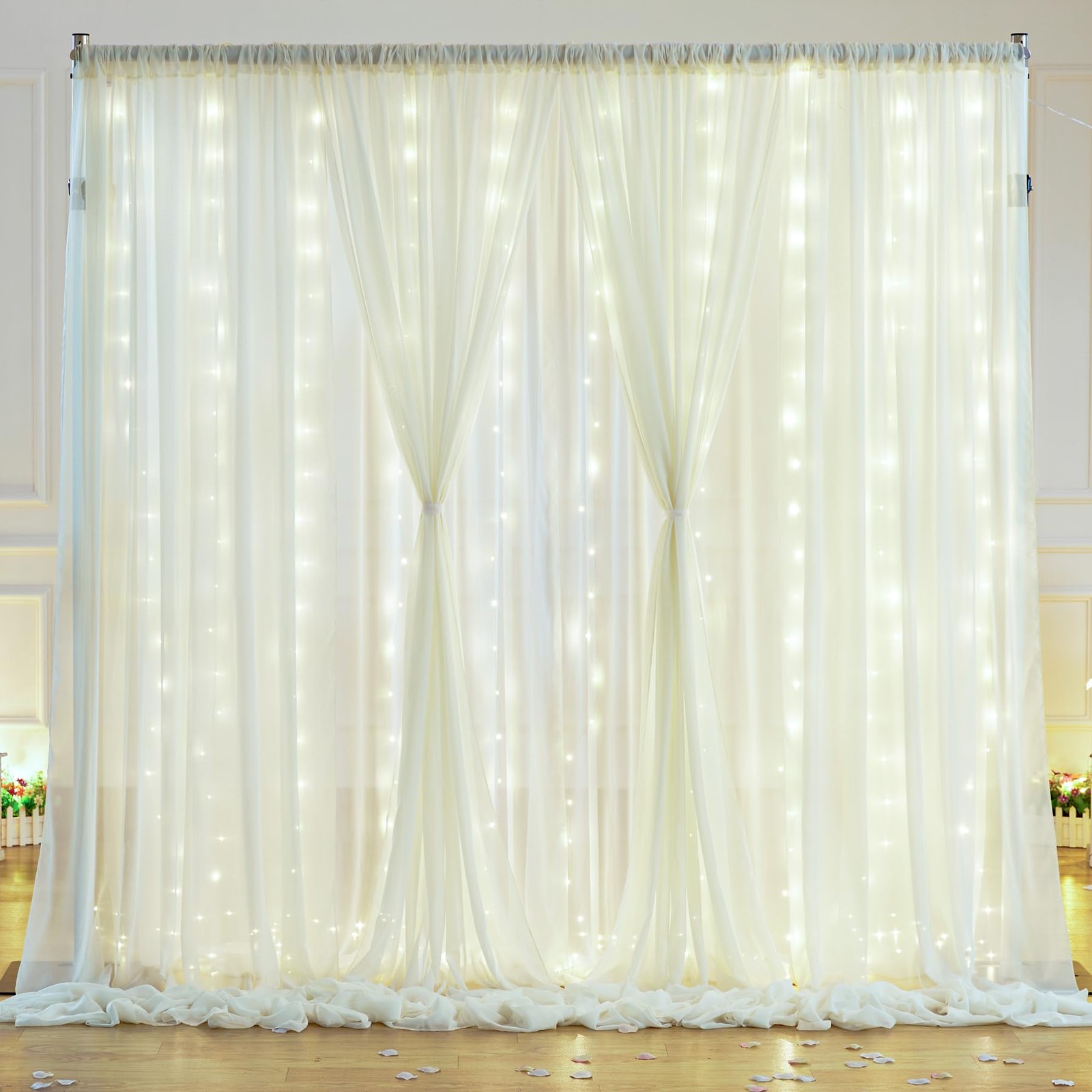 Ivory White Chiffon Backdrop Curtain 10×10 Ft With Lights String Wedding