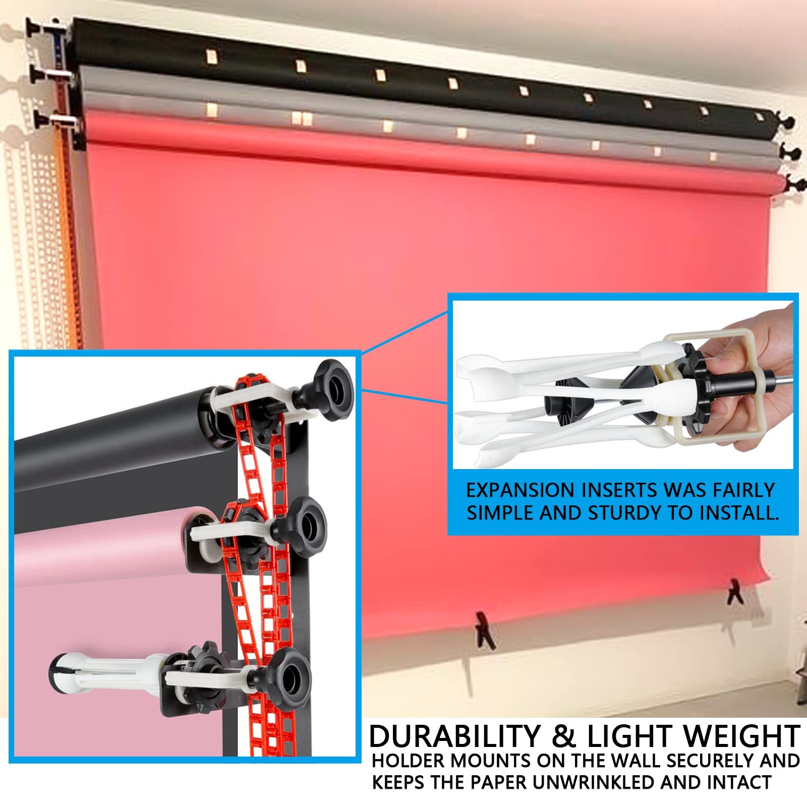 Photography Backdrop Wall Mount 3 Roller Support System, Manual Photo Backgro…