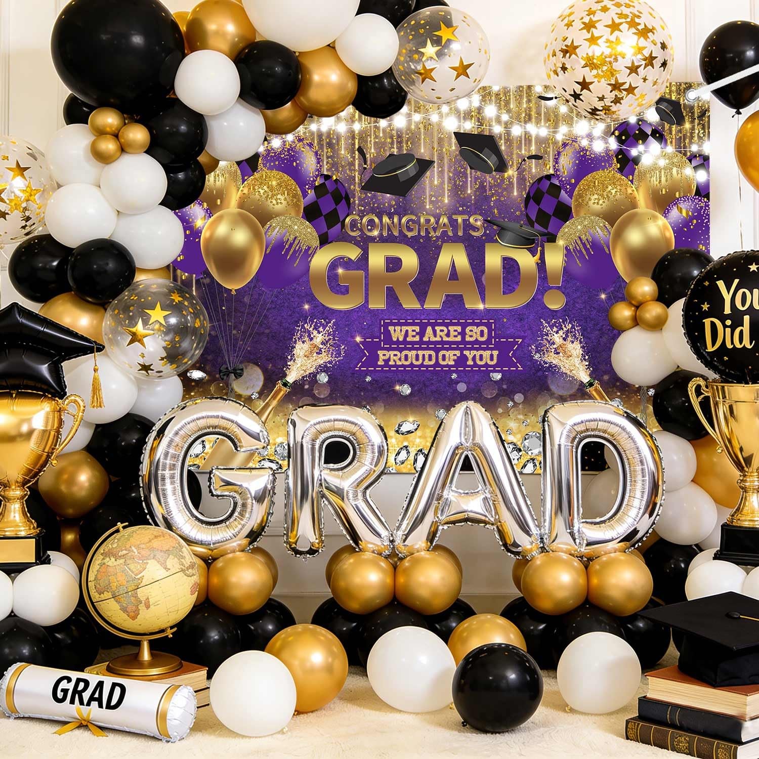 7x5ft Congrats Grad Backdrop Purple Gold Glitter Diamond Graduation Photography