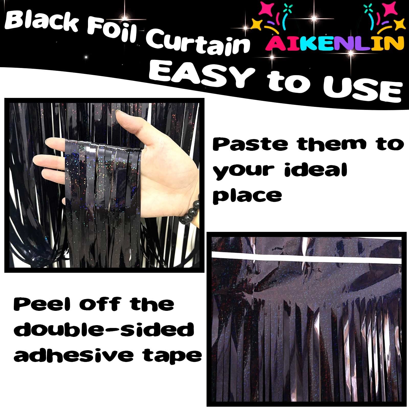 4 PCS Black Foil Fringe Curtain Backdrop 3.2×8.2 Ft Metallic Streamer Decor