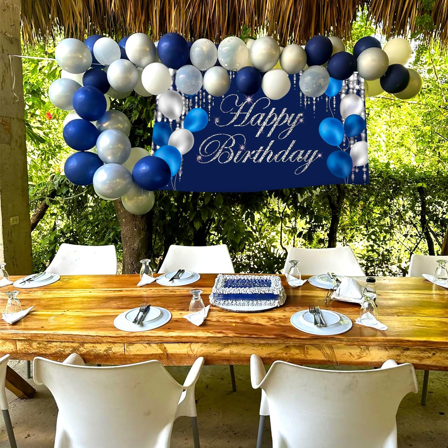 Blue and Silver Happy Birthday Backdrop Banner Sign Photo Background Party Decor