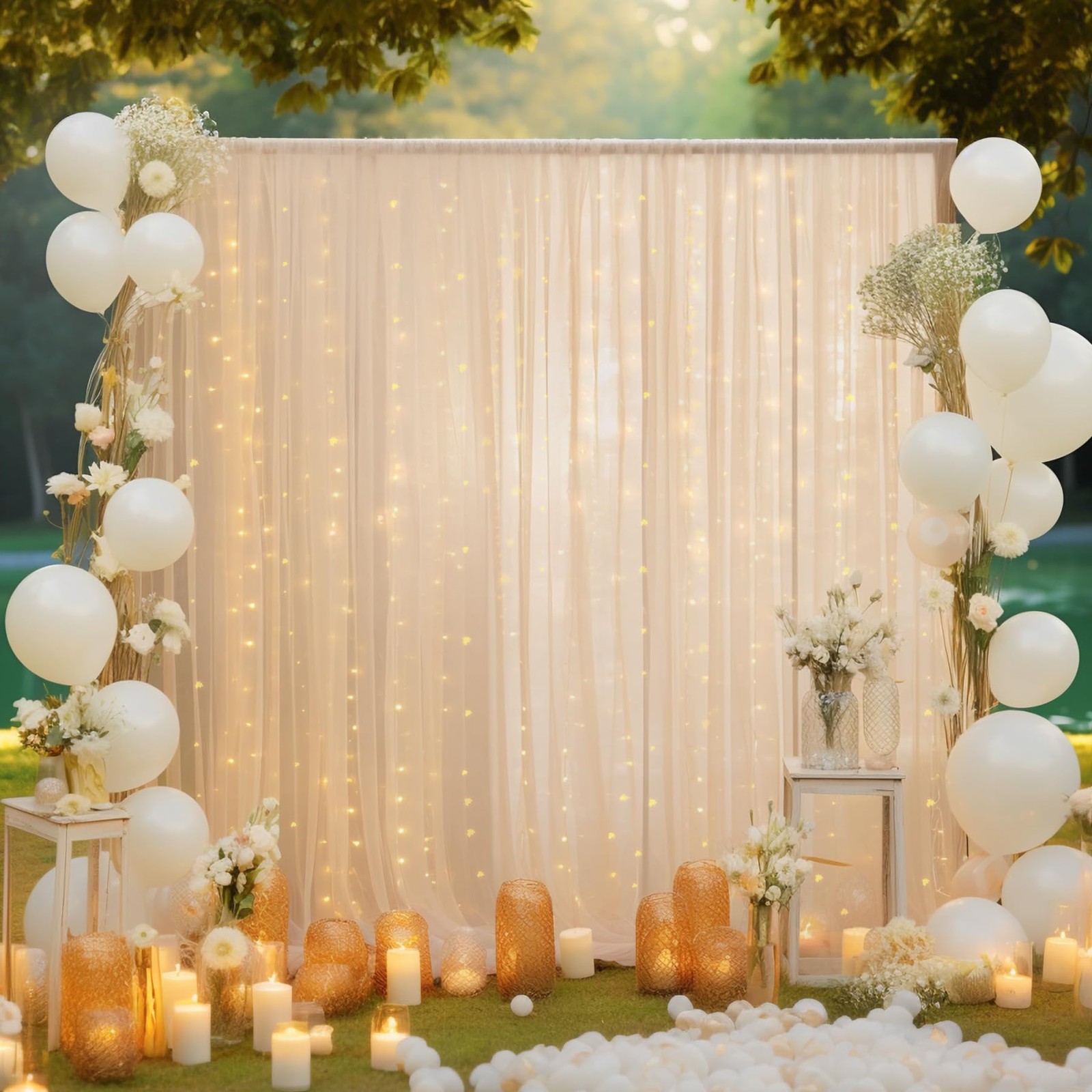 10x10ft Champagne Tulle Backdrop Curtain with Lights String for Parites, Shee…