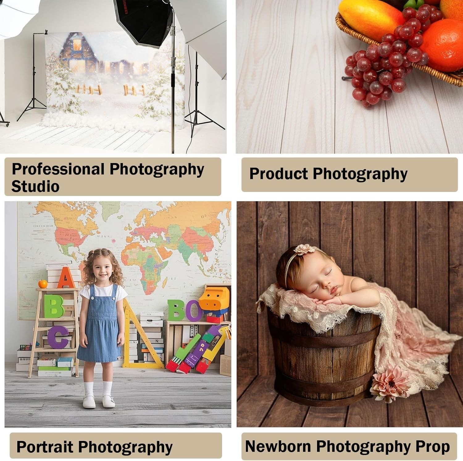 Kate White Wood Rubber Photography Floor Mat, Non-Slip 8x5ft, Off-White