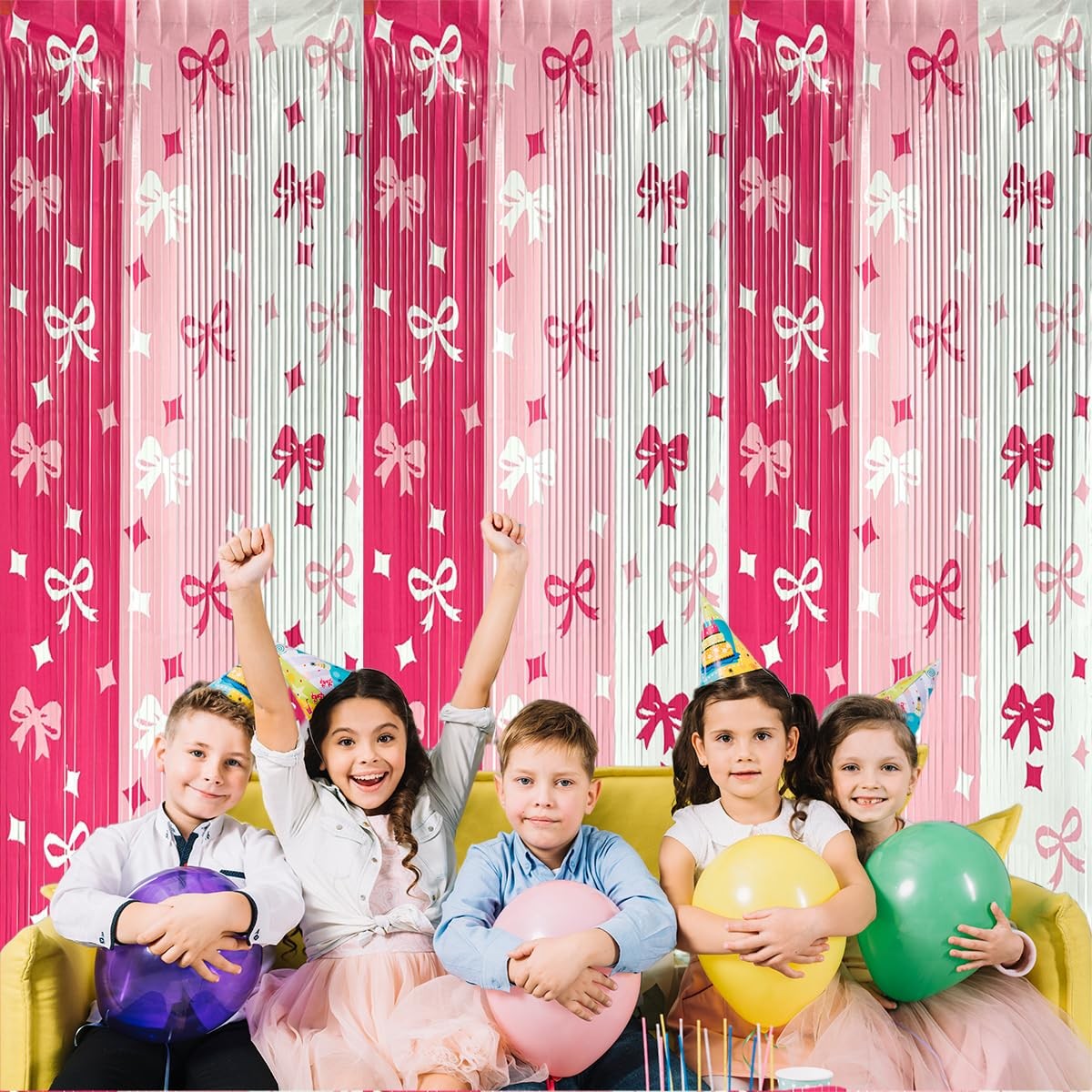 3 PCS Pink Bow Tinsel Foil Fringe Curtains Party Backdrop Birthday Decor