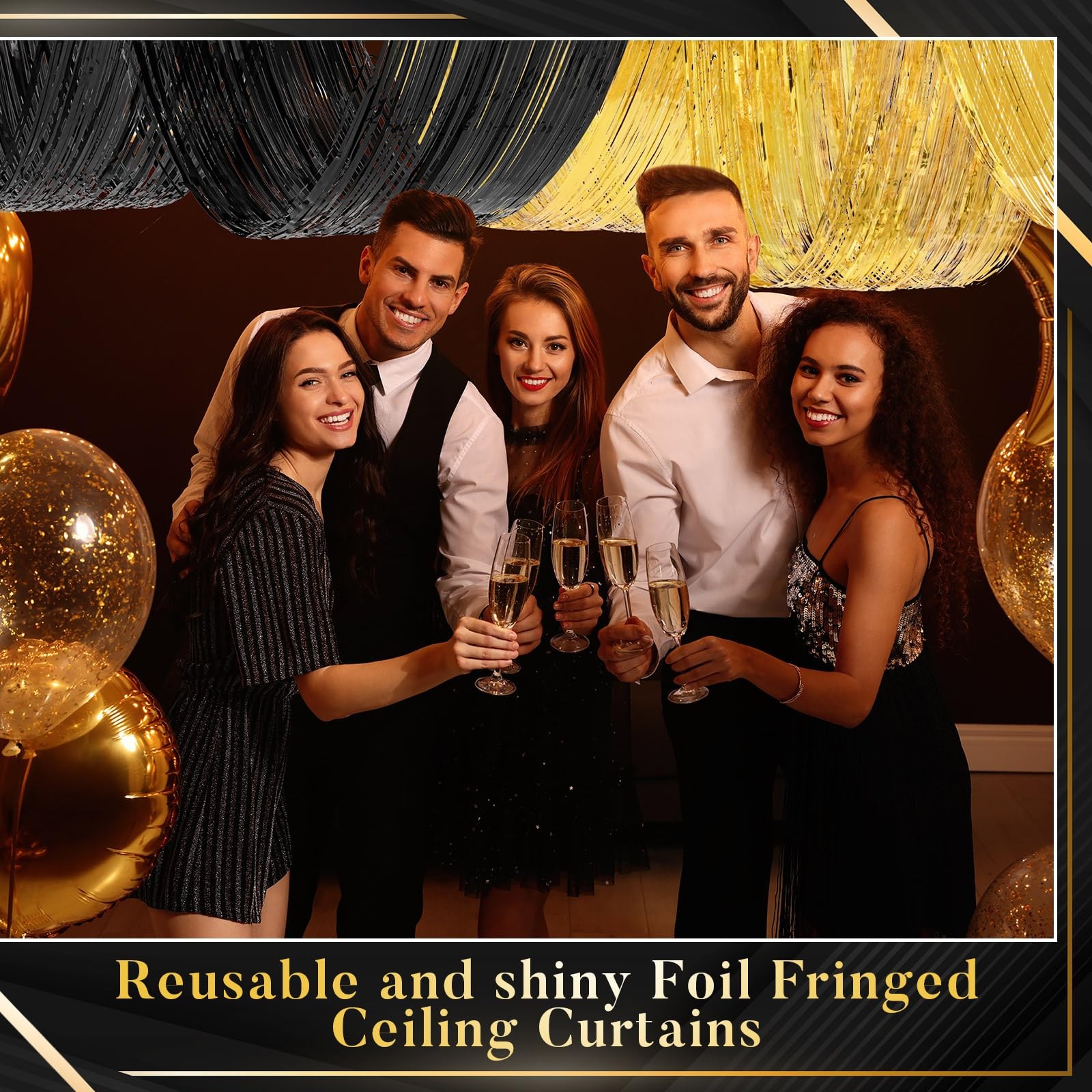 4 PCS 15 FT Gold Black Metallic Foil Ceiling Fringe Curtains Party Backdrop