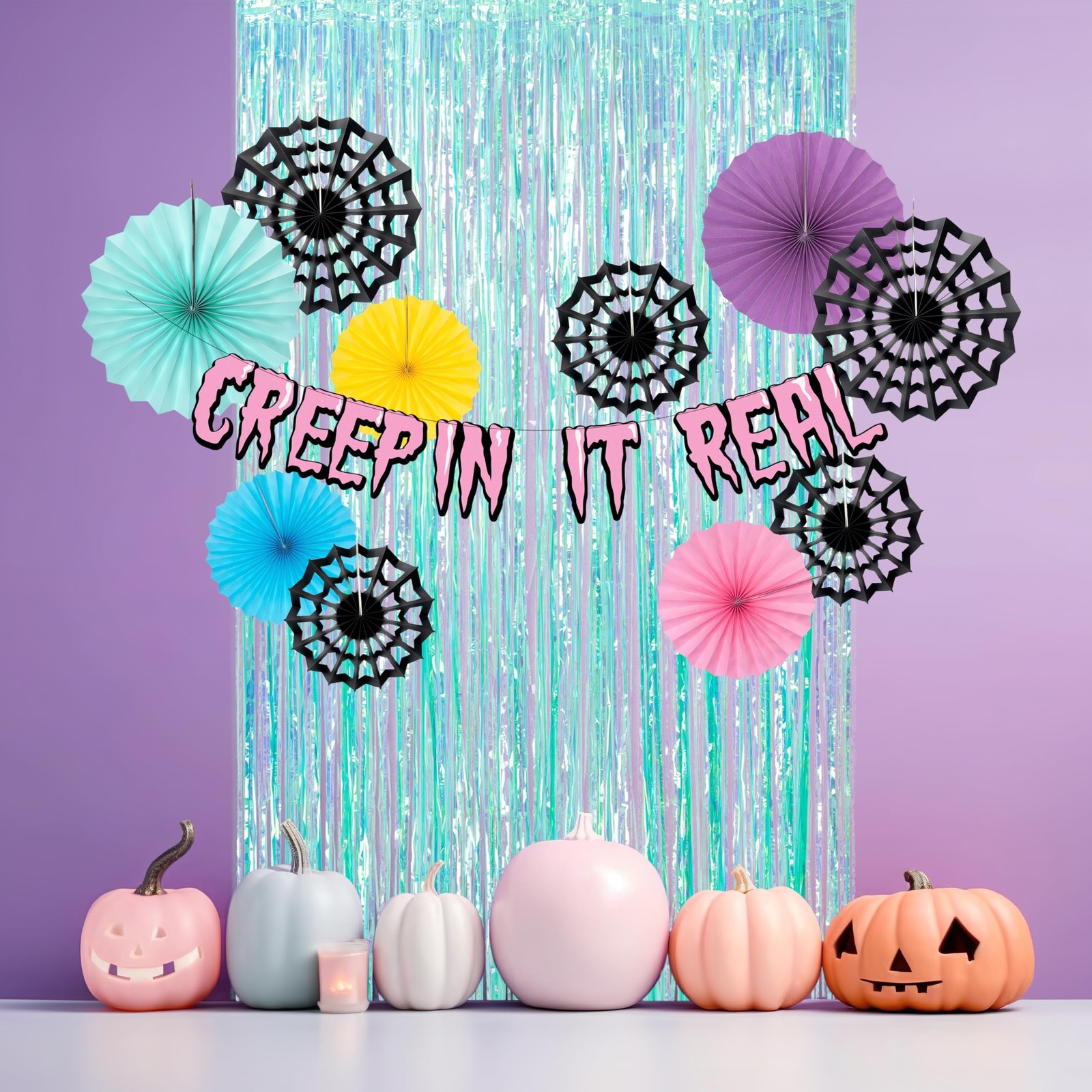 Cyan Summerween Spider Backdrop Banner Party Decorations Pastel Foil Hallowee…