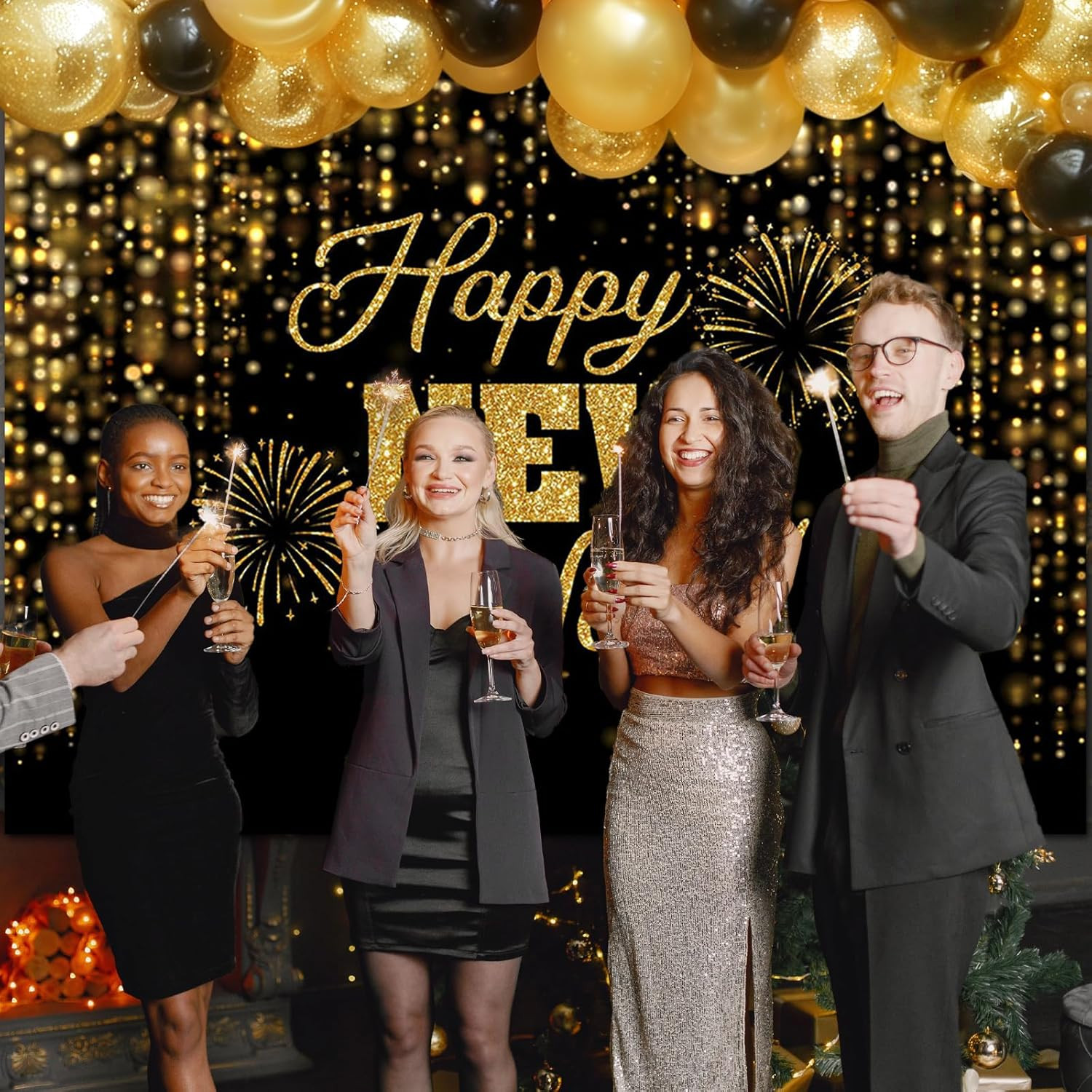 Happy New Year Backdrop Black Gold New Years Background 2026 New Years Eve Party