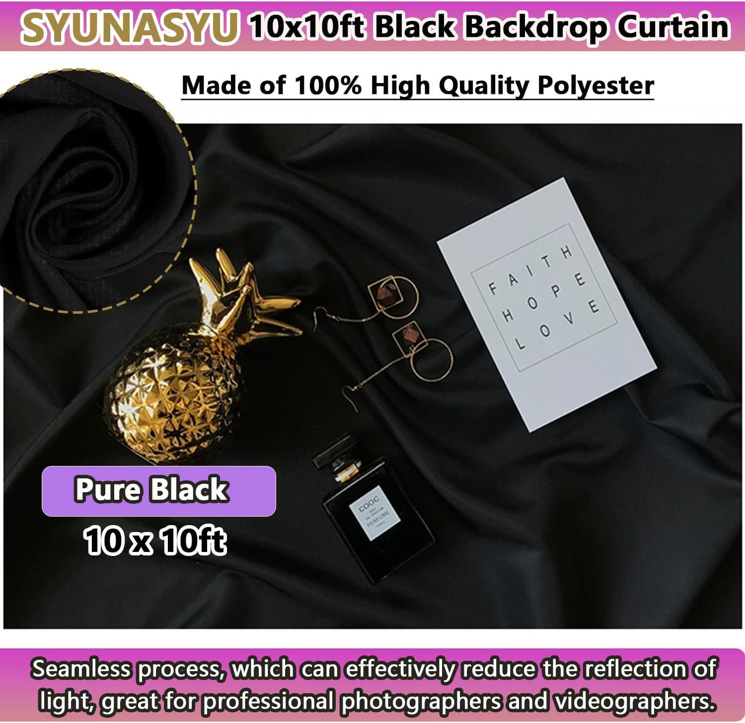Black Backdrop 10 X 10 Ft, Solid Black Photo Backdrop, High Density Polyester..