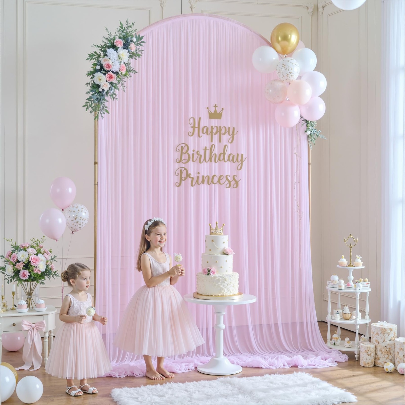 10x4ft Pink Tulle Wrinkle Free Double Arch Backdrop Cloth Sheer Curtains