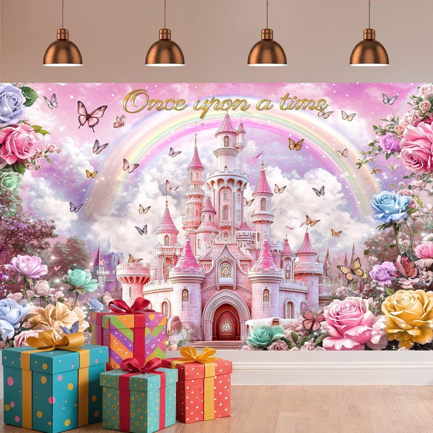 10X8ft Princess Happy Birthday Backdrop for Girls Kids Pink Castle Rainbow Bu…