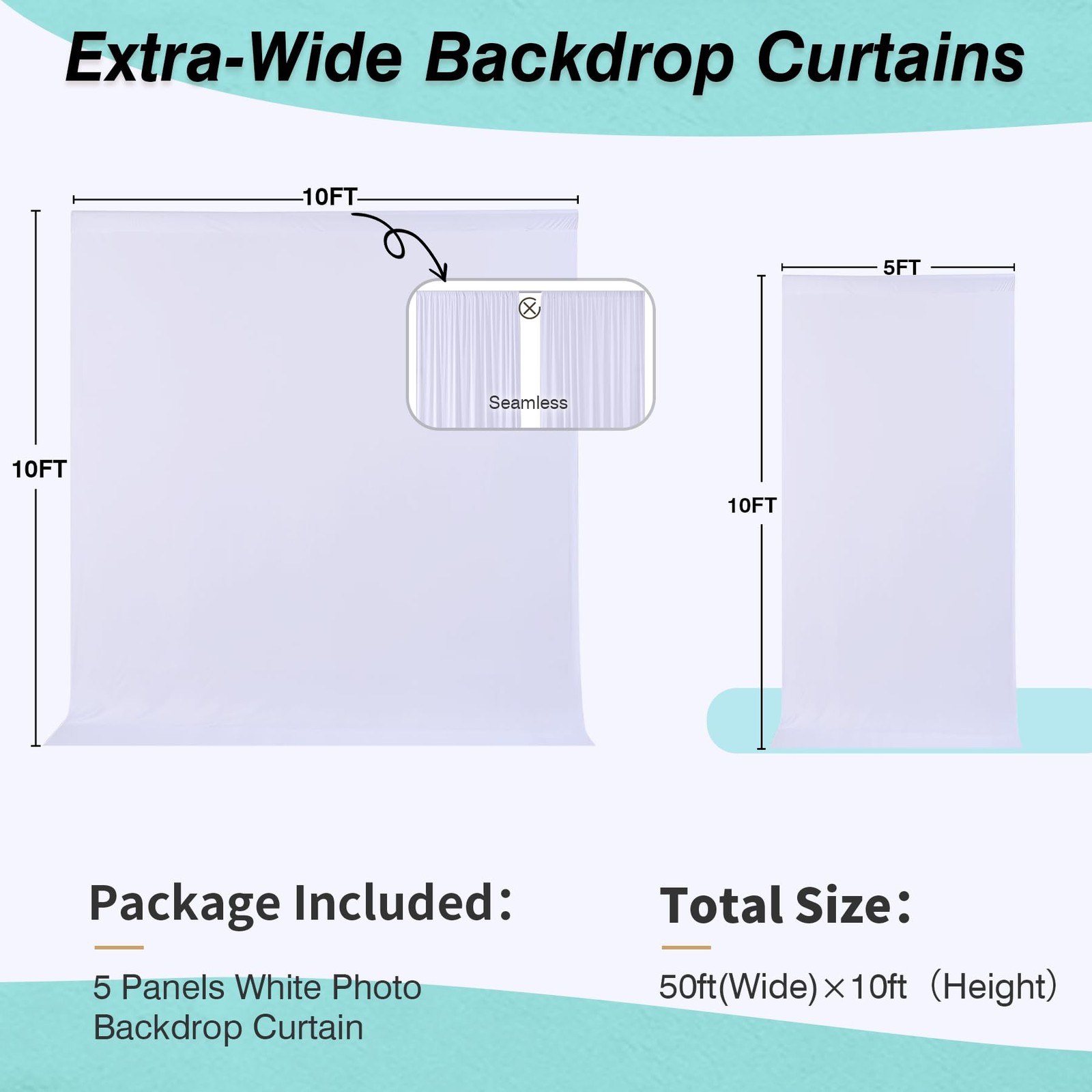 50×10 ft Wrinkle Free White Backdrop Curtain for 10ft×10ft_5 Panels,