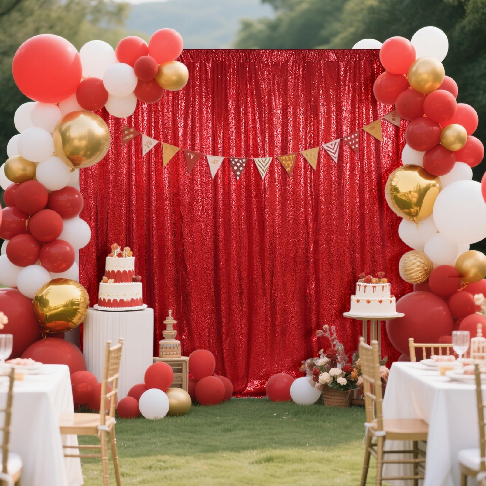 1 Panel 6x6ft Red Sequin Backdrop High Density Glitter Curtain 4″ Pocket