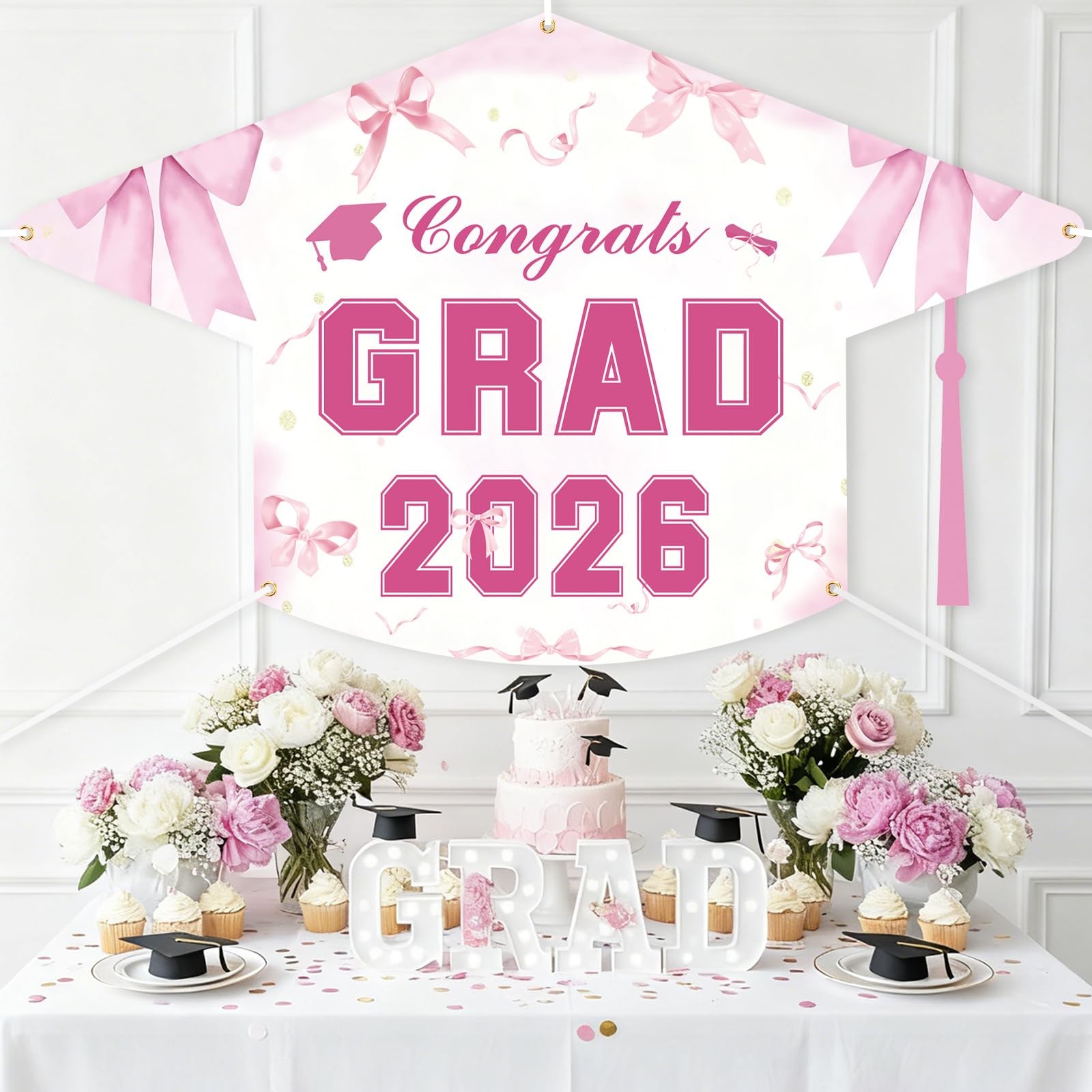 Pink Pink Graduation Decorations Class of 2026 Coquette Bow Congrats Grad Backdr