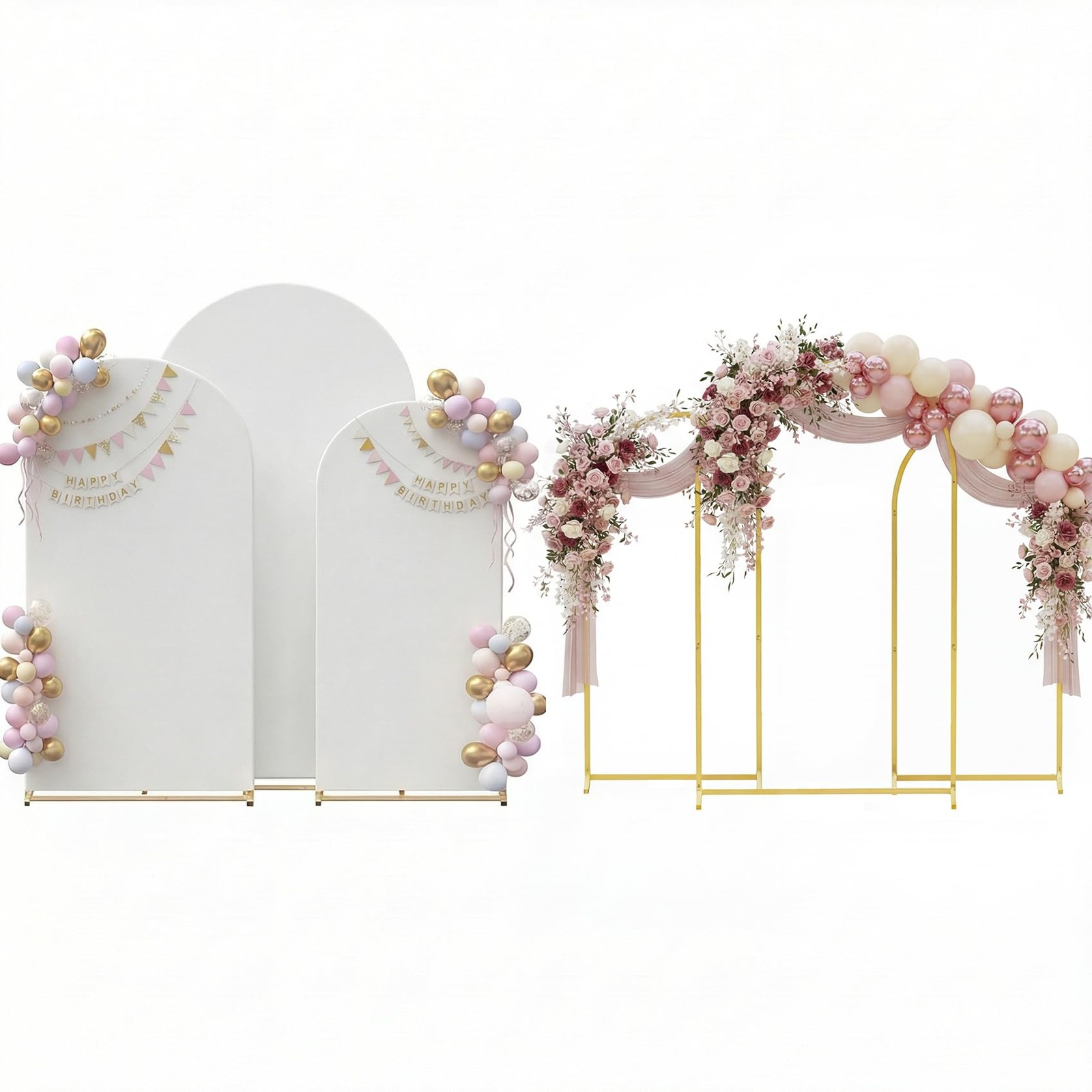 Toolterritary Set of 3 Metal Arch Backdrop Stand with 8ft+7.2ft+6.6ft, White