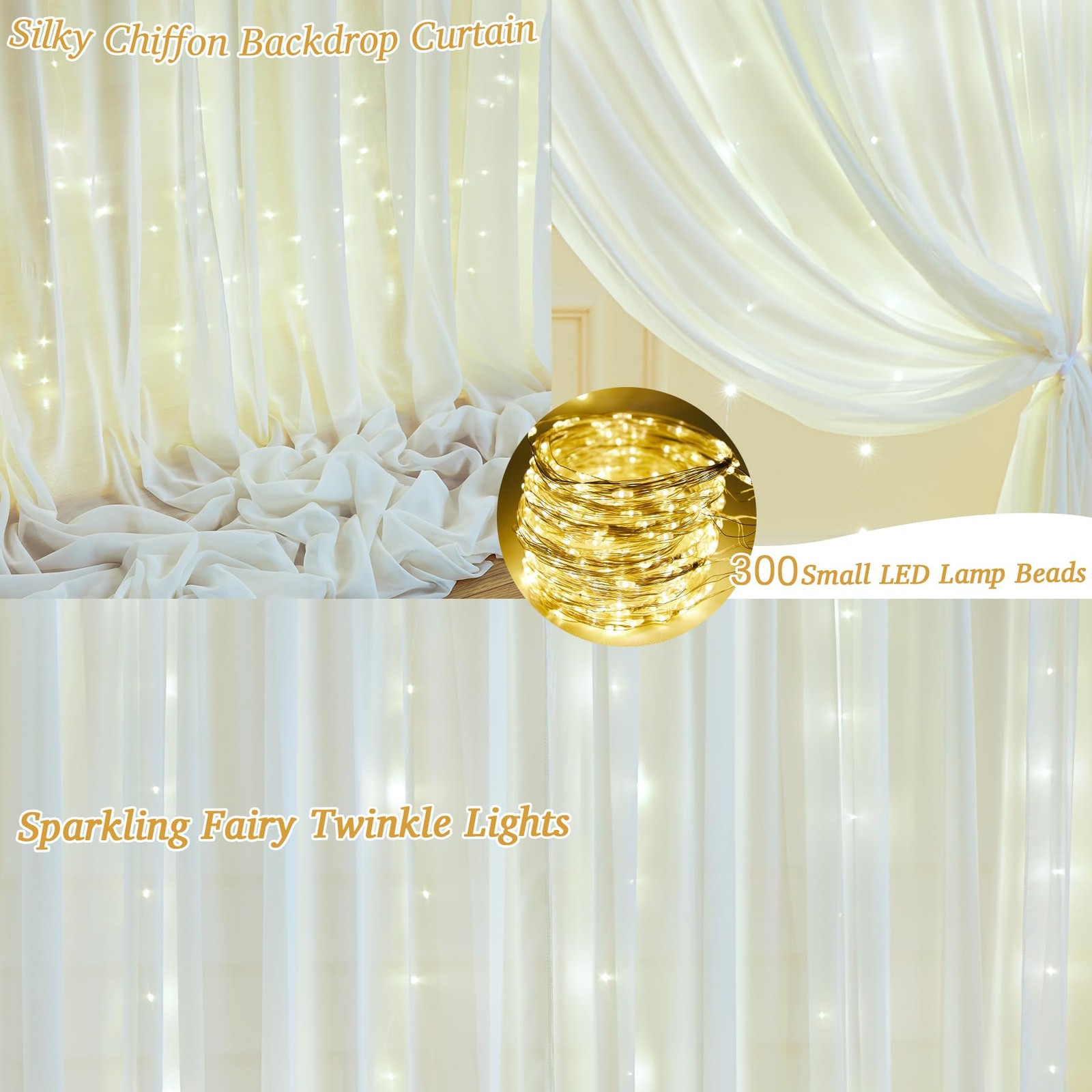 Ivory White Chiffon Backdrop Curtain 10×10 Ft With Lights String Wedding