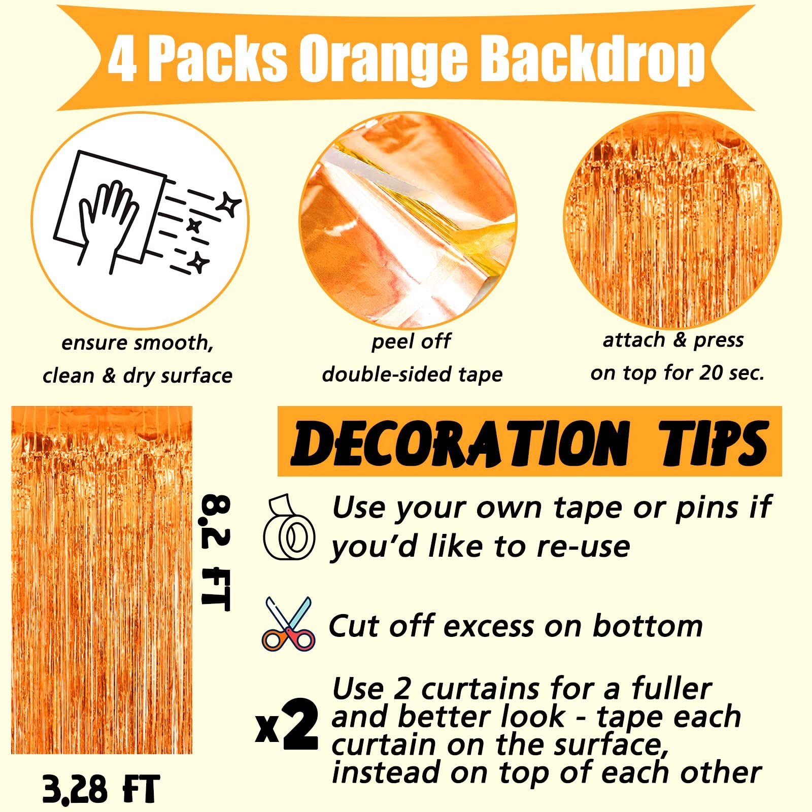 Orange Metallic Tinsel Foil Fringe Curtain Backdrop Streamers 3.2×8.2 Ft 4 PK