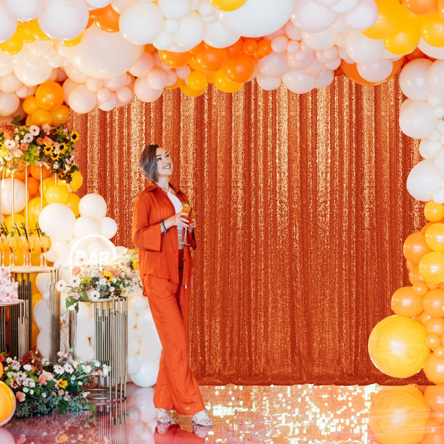 Orange Sequin Backdrop Curtains Glitter Fabric Background 28FT 2 PCS Panels