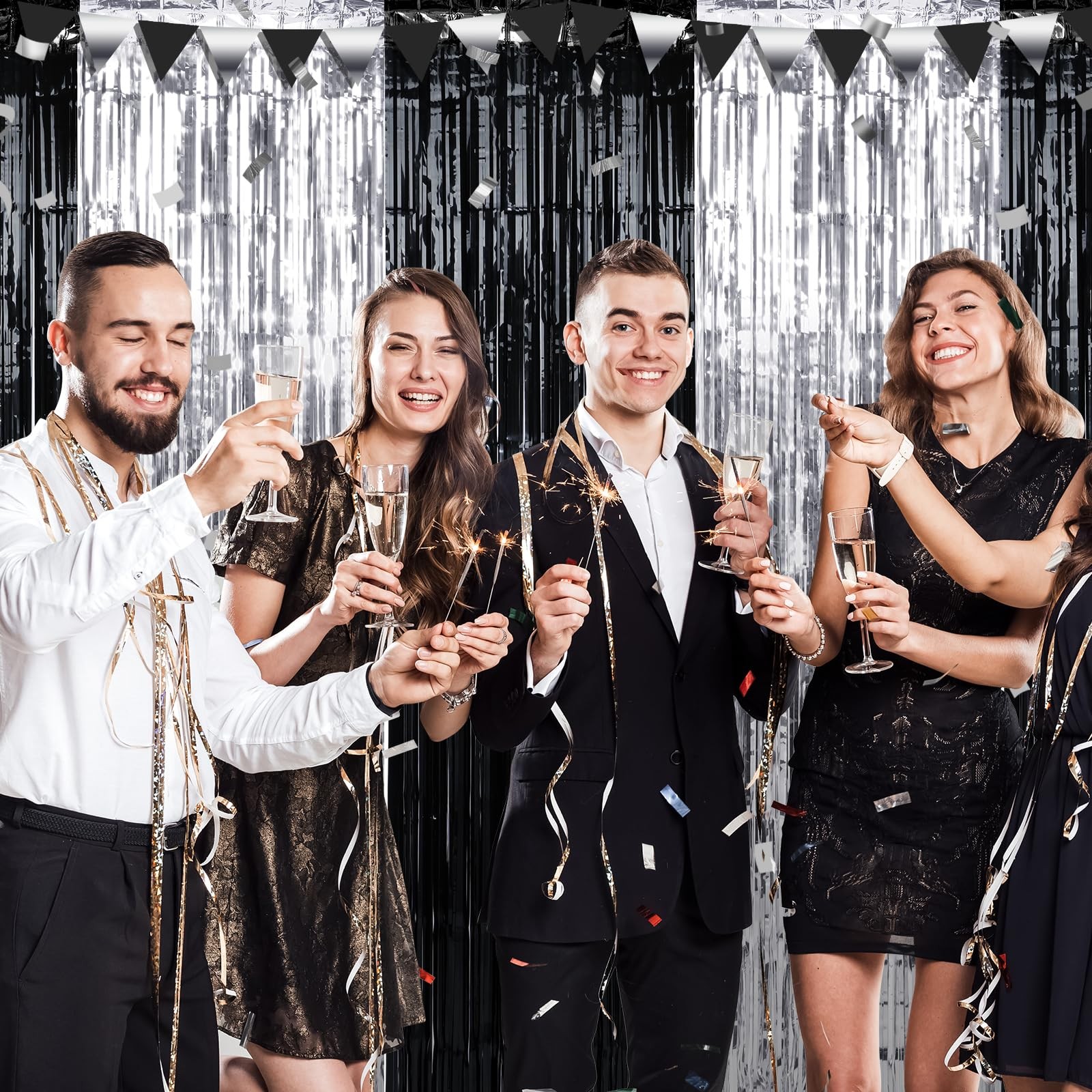 6 Pack 3.3×6.6 Ft Graduation Foil Fringe Curtain Backdrop Black Silver Tinsel
