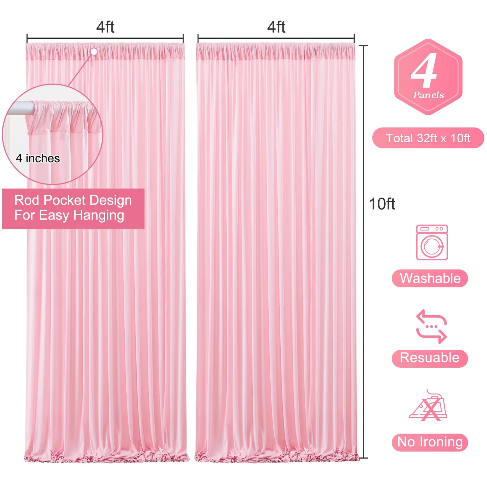Pink Backdrop Curtains Wrinkle Free Polyester Photography Drapes 16x10FT Wall