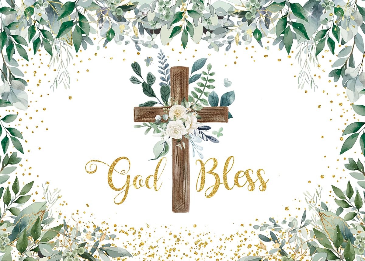 Eucalyptus God Bless Backdrop Greenery Wooden Cross Baptism Photo 8×6 FT