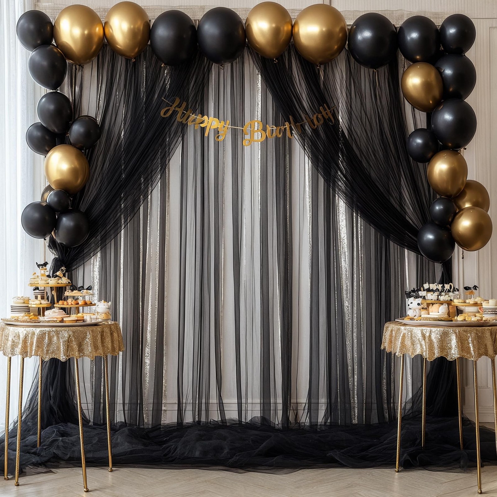 2 Panels Black Sheer Tulle Backdrop Curtain Photo Booth Drapes 5×10 Ft Each