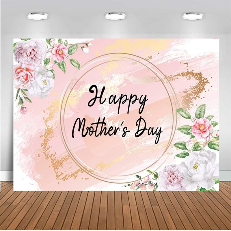 7x5FT Happy Mother’s Day Backdrop Pink Flower Background Mother Festival Party D