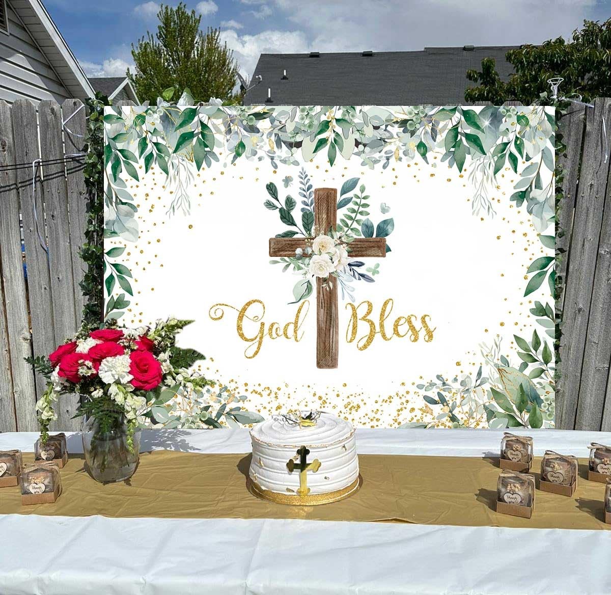Eucalyptus God Bless Backdrop Greenery Wooden Cross Baptism 75FT Background
