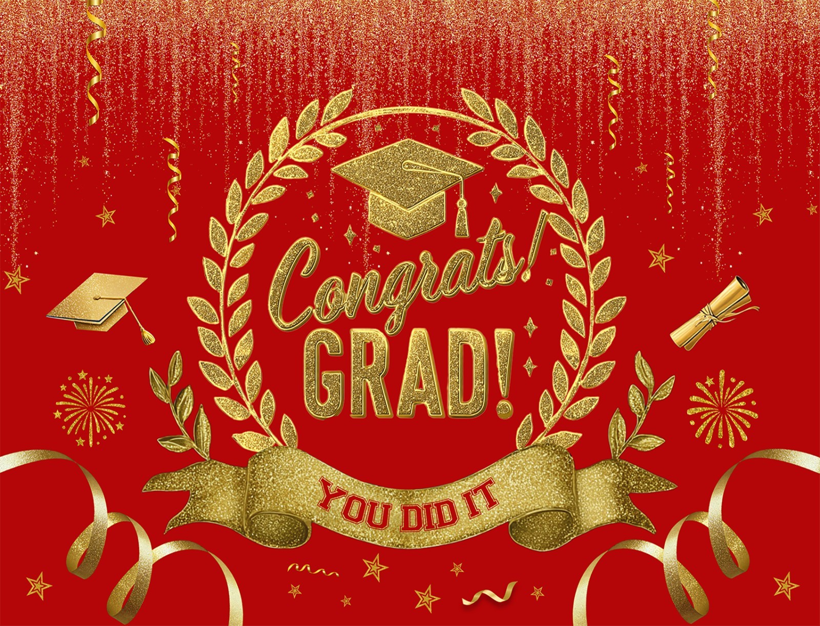 10x8ft 2026 Graduation Backdrop Banner Red Gold Congrats Grad Photo Background