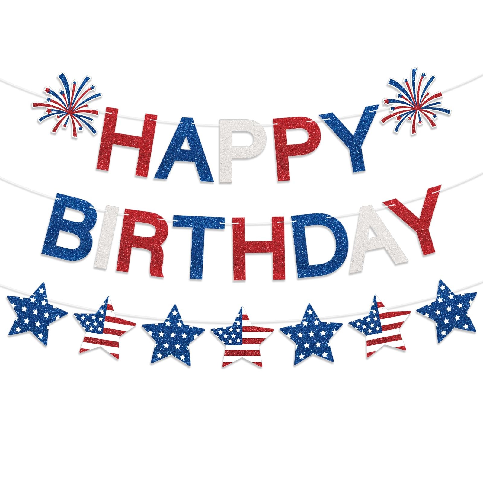 Happy Birthday Banner Patriotic Red White Blue Decorations, Glitter Happy Pat…