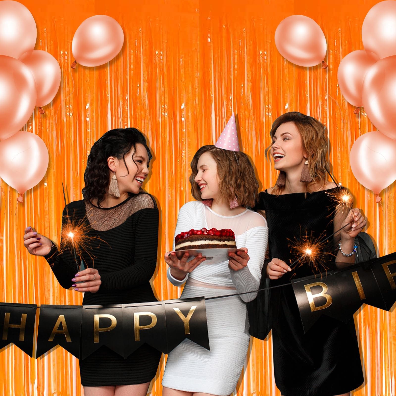 Orange Macaron Foil Fringe Tinsel Backdrop Party Curtains 3.28×8.2 Ft 6 PCS