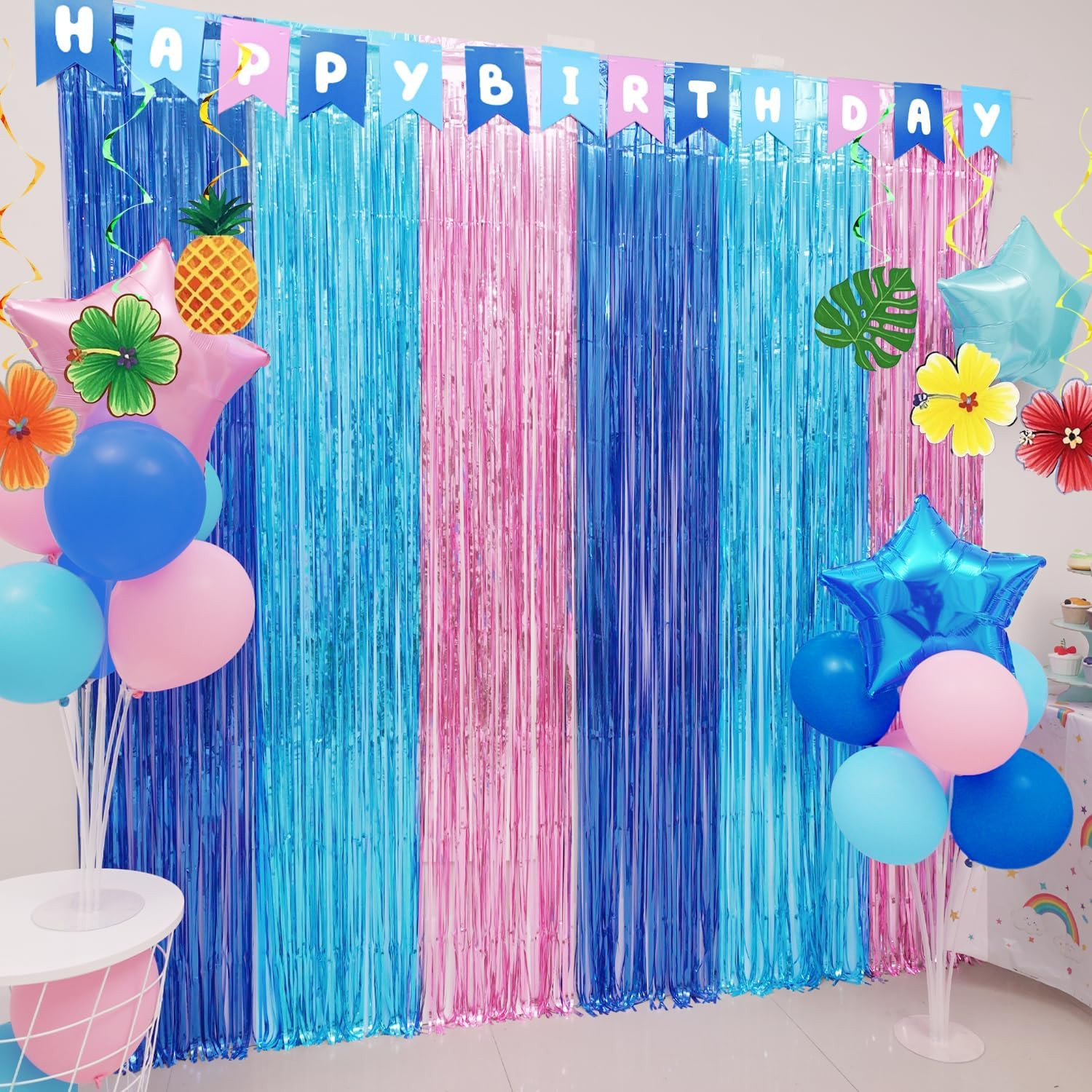 Cartoon Birthday Decorations, 2 Pack Luau Party Photo Booth Props, Blue Pink Fri